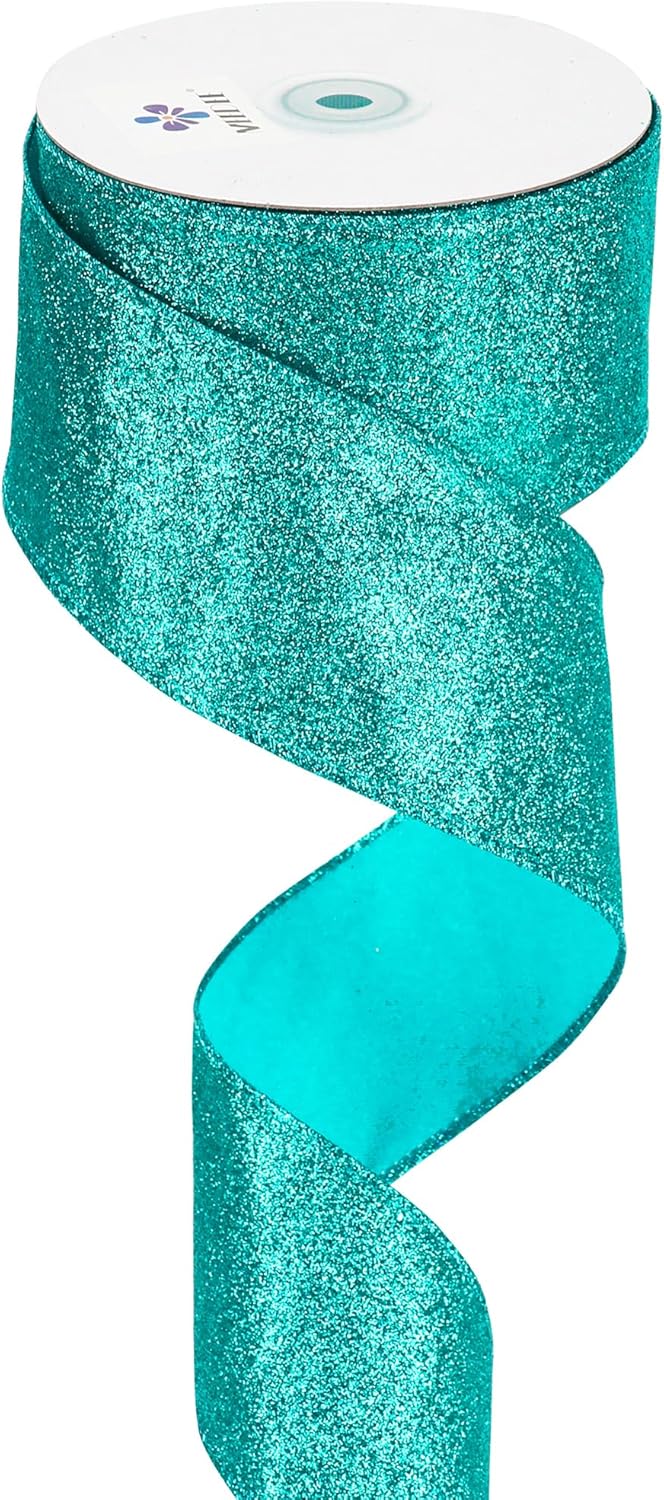 MEEDEE Teal Glitter Ribbon Teal Wired Ribbon 2.5 Inch