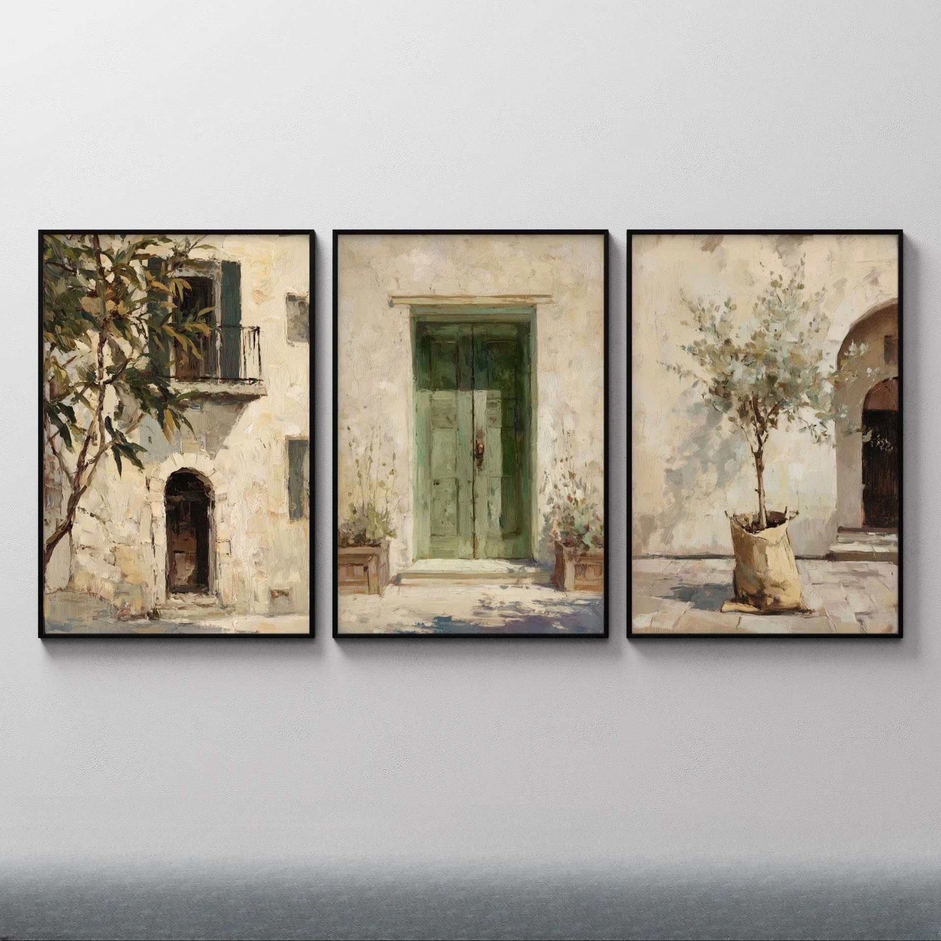 Dittelle Mediterranean Town Wall Art Set, Vintage Neutral European Architecture Canvas Prints, Rustic Boho Home Decor(60x80cm/3PCS Frameless)