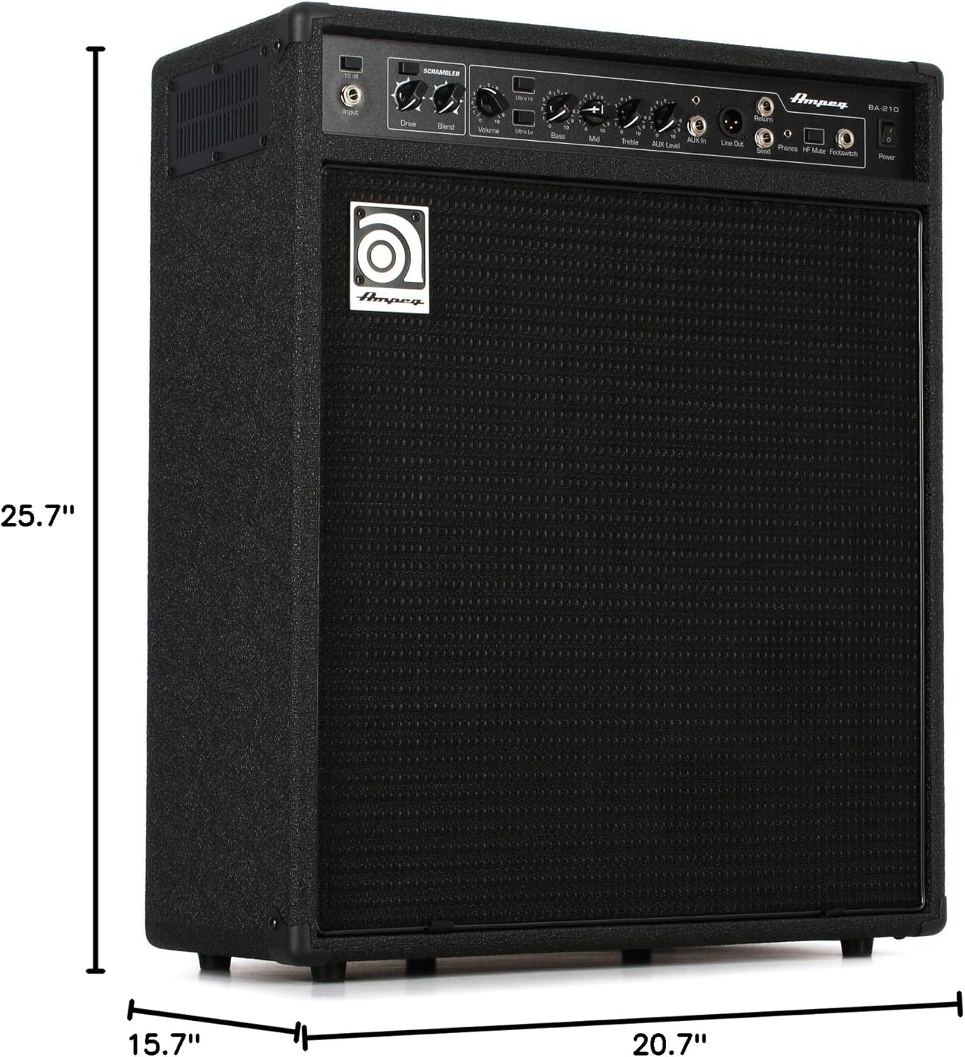 Image showing the dimensions of the Ampeg BA-210V2 Bass Combo Amplifier: 25.7 inches height, 15.7 inches width, 20.7 inches depth.
