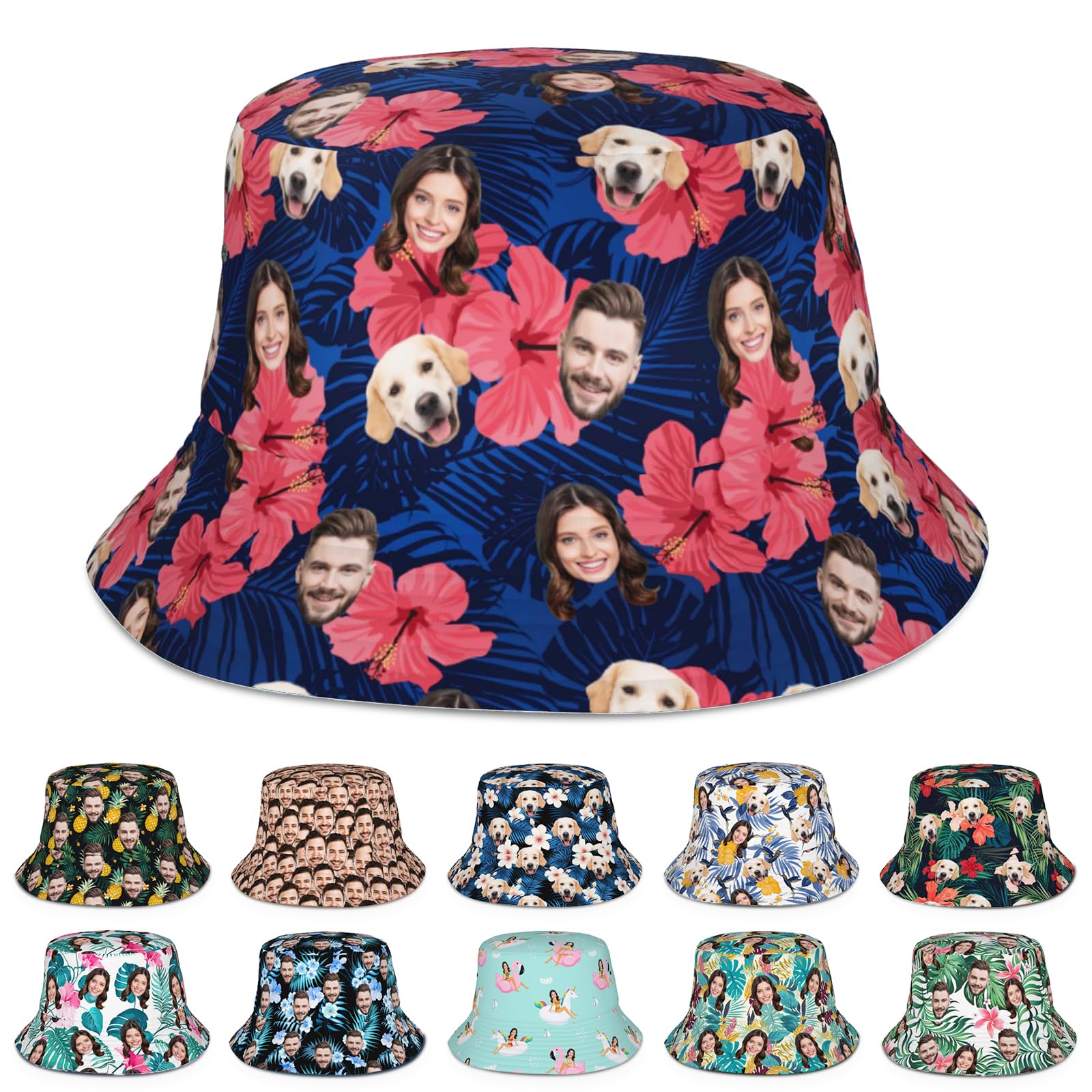 Custom Hawaiian Bucket Hat with Face, Personalized Face Summer Beach Sun Hats Gifts for Men Women, Customized Hawaiian Packable Fishing Hats with Face for Beach Golf Fishing Vacation