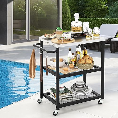 Miniatura 2 de Carrito de parrilla de 3 niveles para exteriores con ruedas con parte superior de acero inoxidable y asa, 3 ganchos, carrito de parrilla al aire