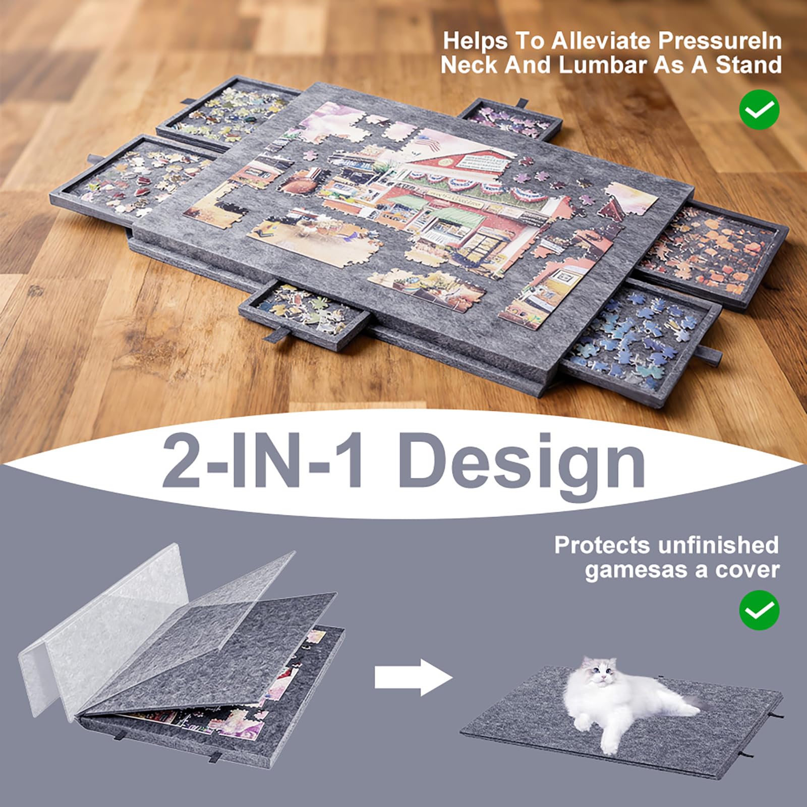 Przechylany stół do puzzli, deska do puzzli, do 1000 elementów, przenośna deska z 6 szufladami, lekki filcowy stół puzzle ze stojakiem 2 w 1 i pokrywą, szary