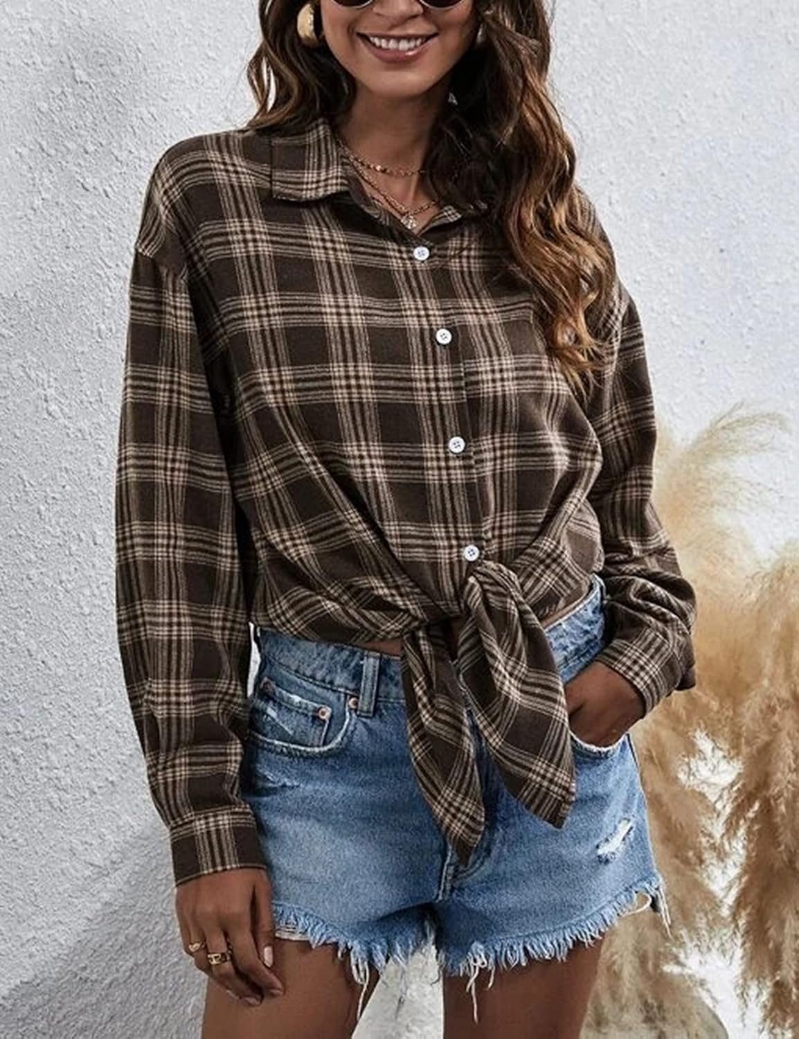 HangNiFang Womens Flannel Plaid Shirts Oversized Button Down Shirts Blouse Tops