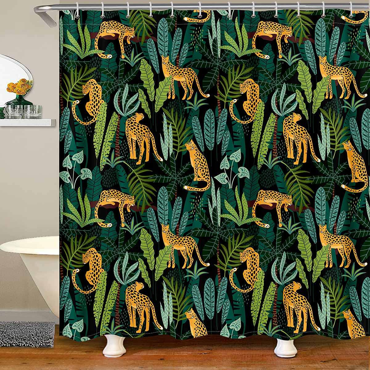 Loussiesd Cartoon Leopard Shower Curtain Safari Cheetah Bath Curtain Waterproof Polyester Tropical Leaves Bathroom Curtains with 12 Hooks 59x71 Inch Machine Washable