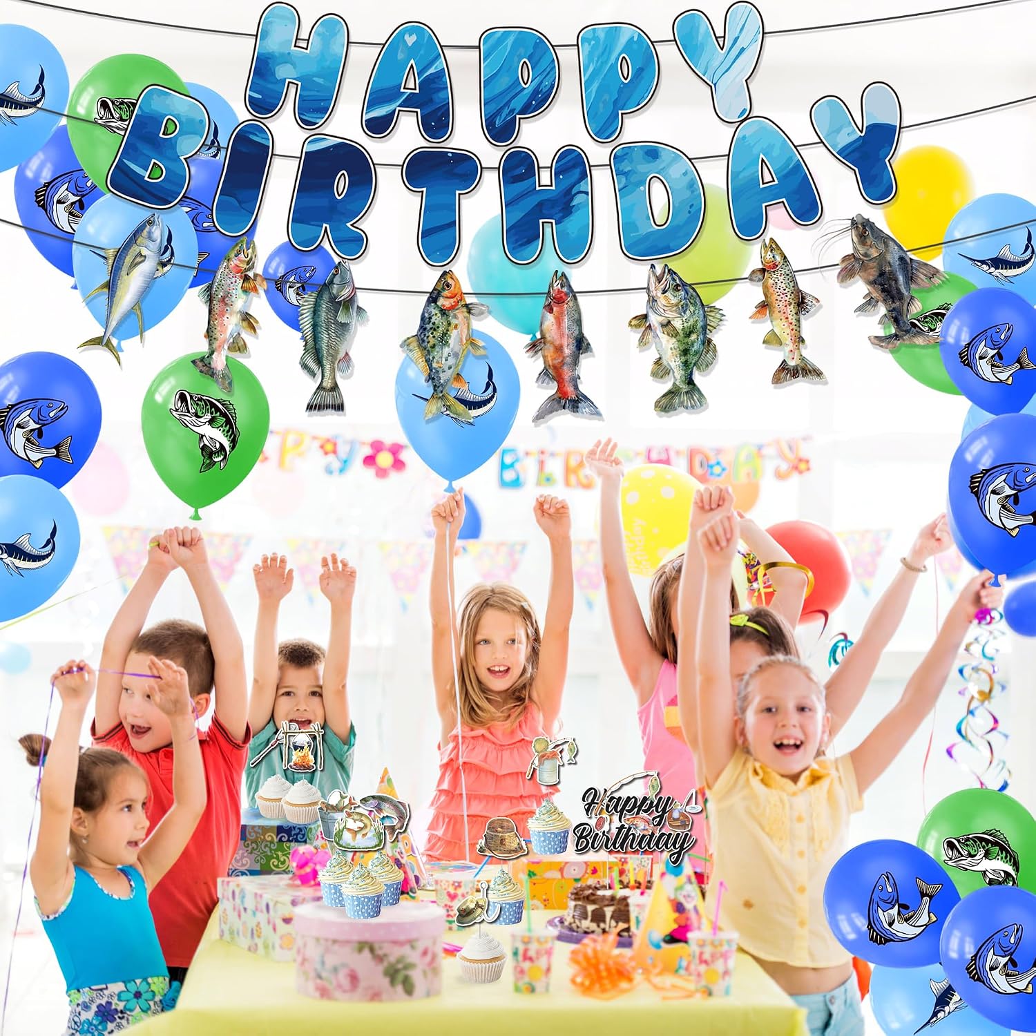 Fishing Birthday Party Decorations Include Fish Happy Birthday Banners Cake Cupcake Toppers Balloons Gone Fishing Theme Party Supplies