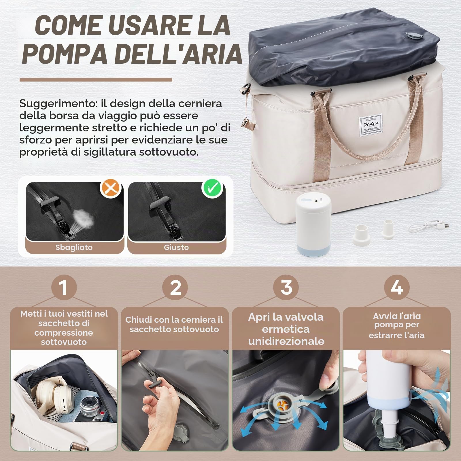 Borsone da Viaggio Sottovuoto con pompa,Bagaglio a Mano Easyjet Borsa da Viaggio con Scomparto per le Scarpe, Borsa da Cabina per Easyjet Borsa Sportiva Borsone da Palestra da Weekend,R3-Beige Marrone