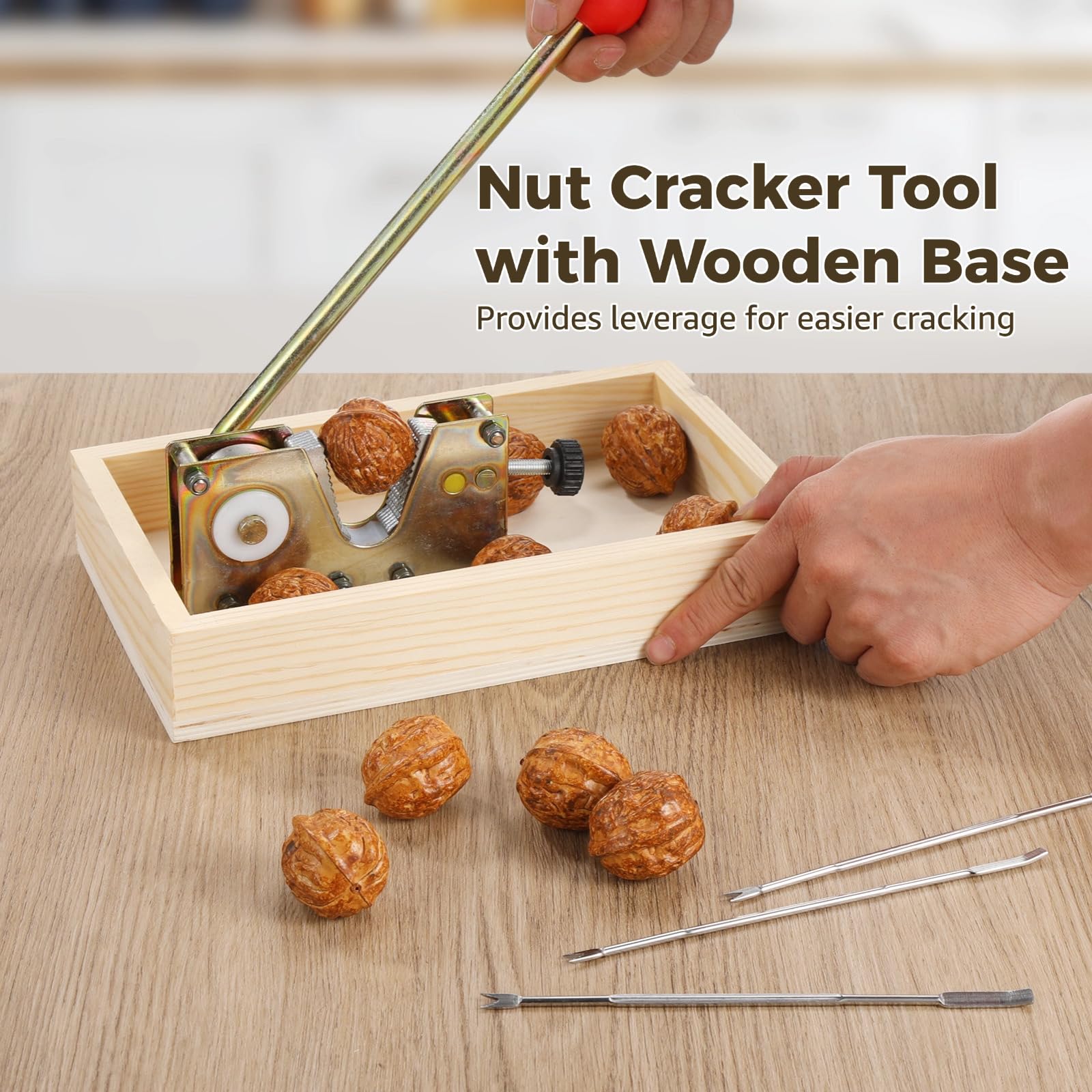 Cracker facile : outil de casse-noix avec poignée à boule rouge, robuste avec levier réglable, base en bois et 4 médiators à écrous