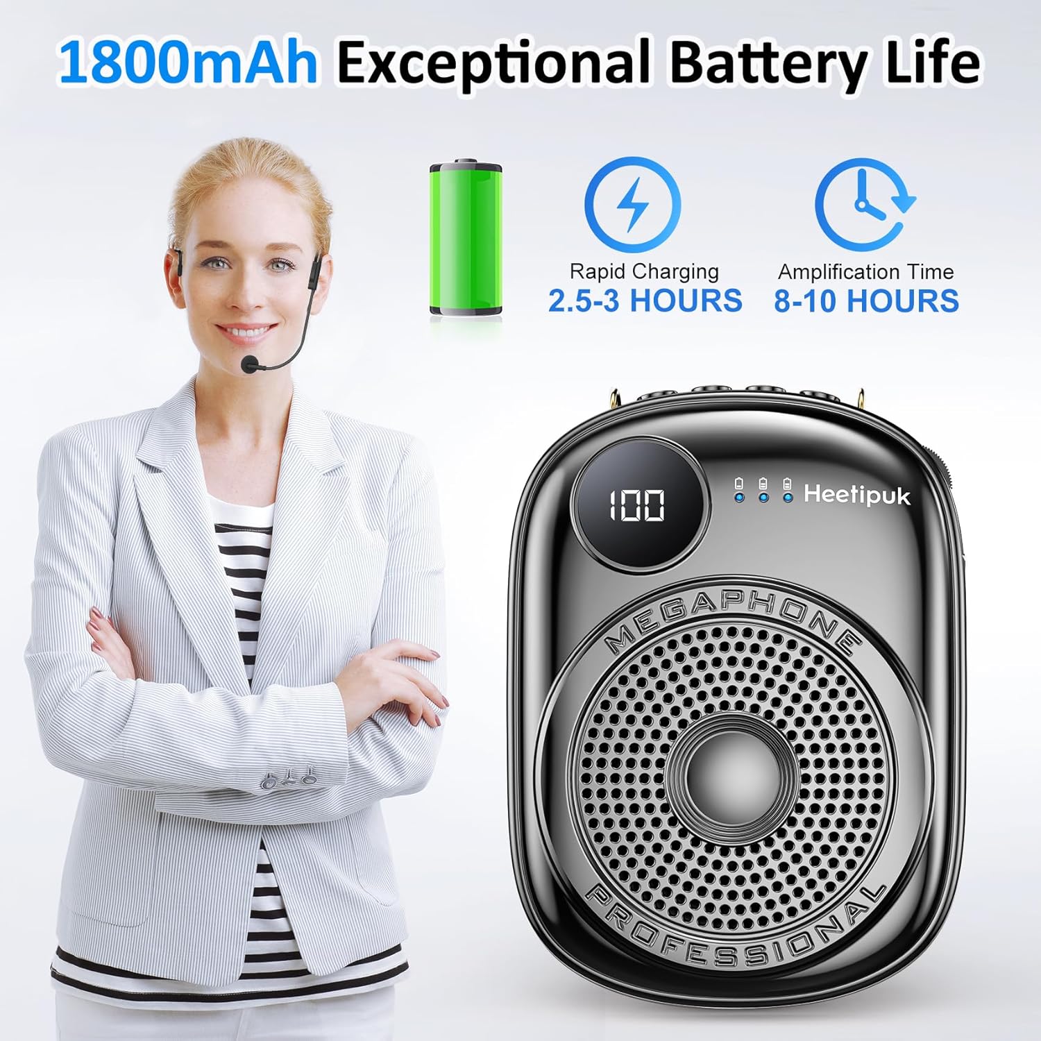 Portable Voice Amplifier Wired Microphone and Speaker,PA System Voice Amplifier with Mic Headset for Teachers,Speech,Tour Guides,Coaches,Yoga, Fitness Instructors Bluetooth 5.0 TF Card (Black) - Image 4