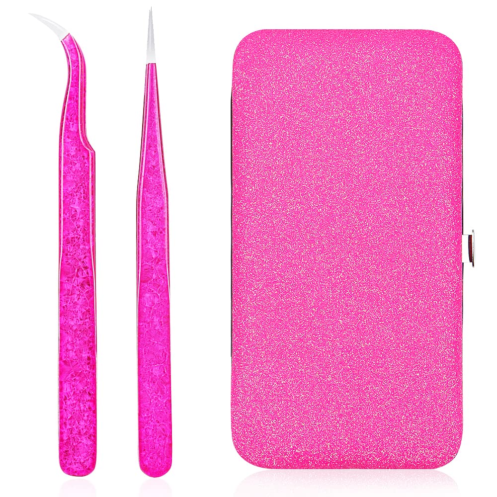 2PCS Eyelash Extension Lash Tweezer Sets Stainless Steel Lash Tweezers for Volume False Lash Application Packed in cosmetic Storage Bag