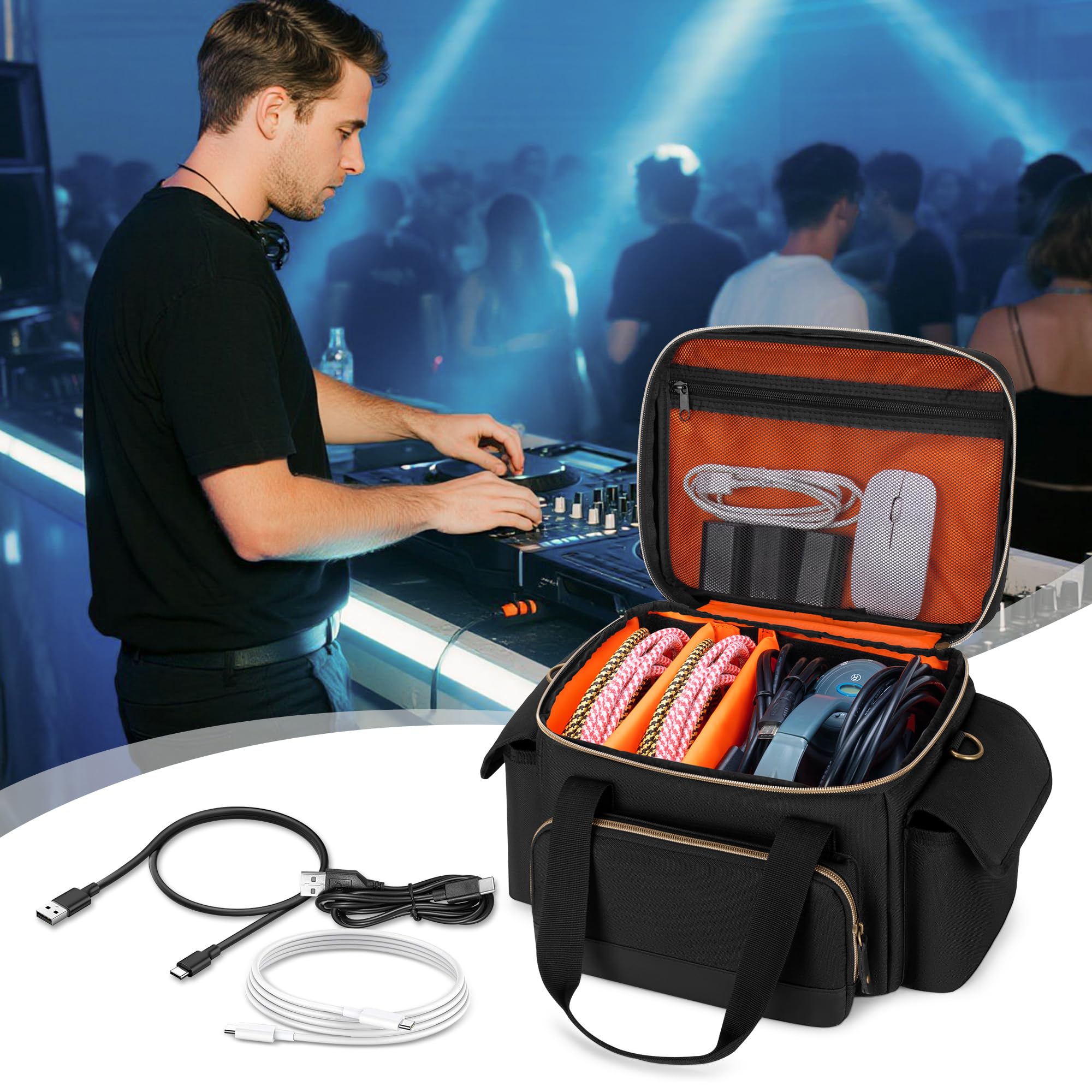 Damero Borsa per Cavi DJ con Divisori Regolabili, Borsa Organizer da Viaggio per Concerti da Musicisti Adatta per Attrezzatura DJ, Attrezzatura Musicale e Accessori