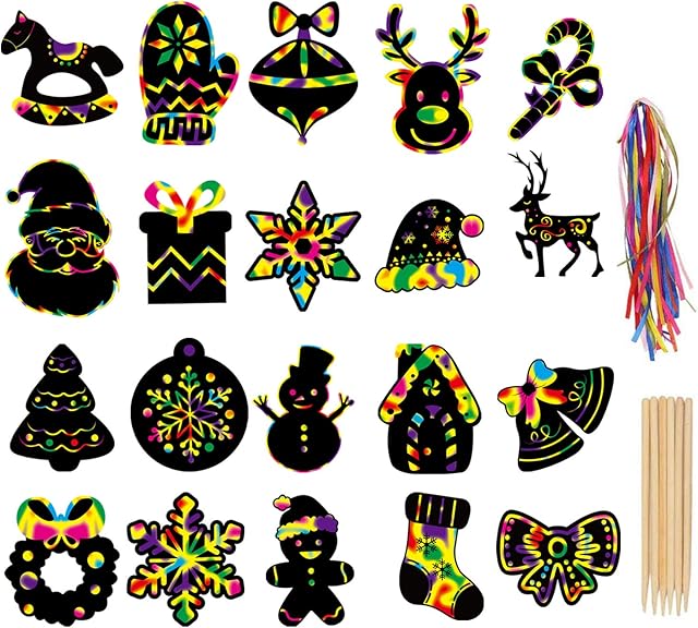 LOKIPA Christmas Scratch Paper Art Ornaments ,80 Rainbow Magic Scratch Off Paper Cards with Drawing Sticks&Ribbon for Christmas Decoration