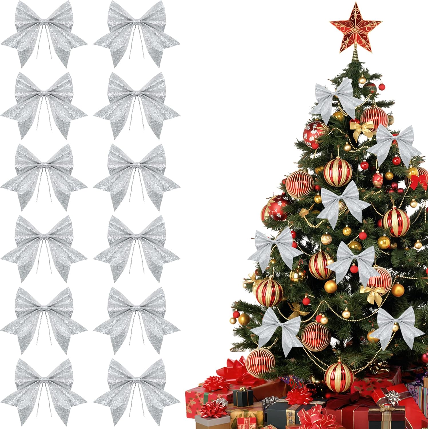 KEYIDO® 12 PCS Silver Christmas Tree Bows, Glitter Silver Bows for