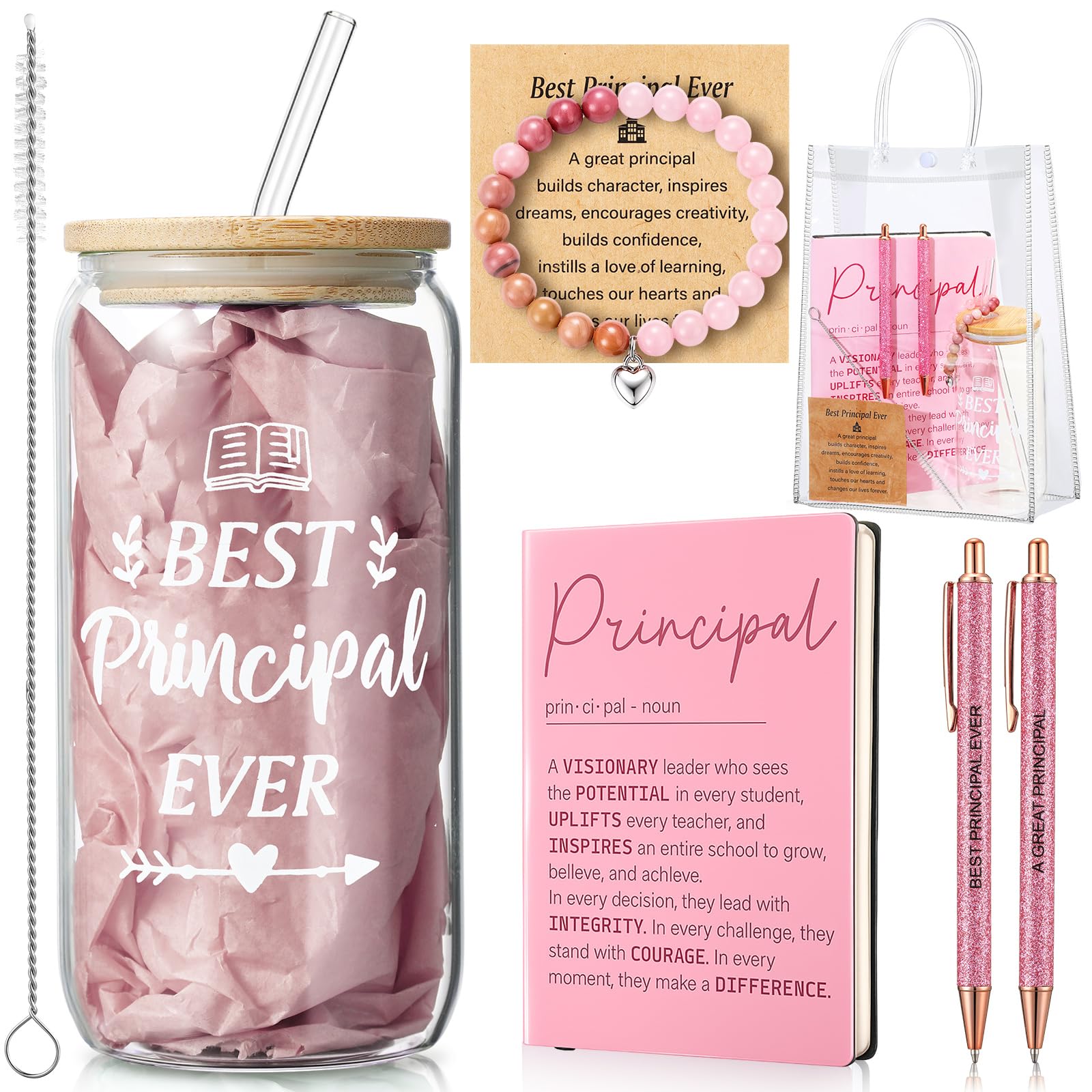 Vesici 6 Pcs Principal Appreciation Gifts for Men Women Best Principal Ever Glass Tumbler Inspirational Leather Notebook Pen Bracelet Gift Bag for Graduation Birthday Retirement(Pink)