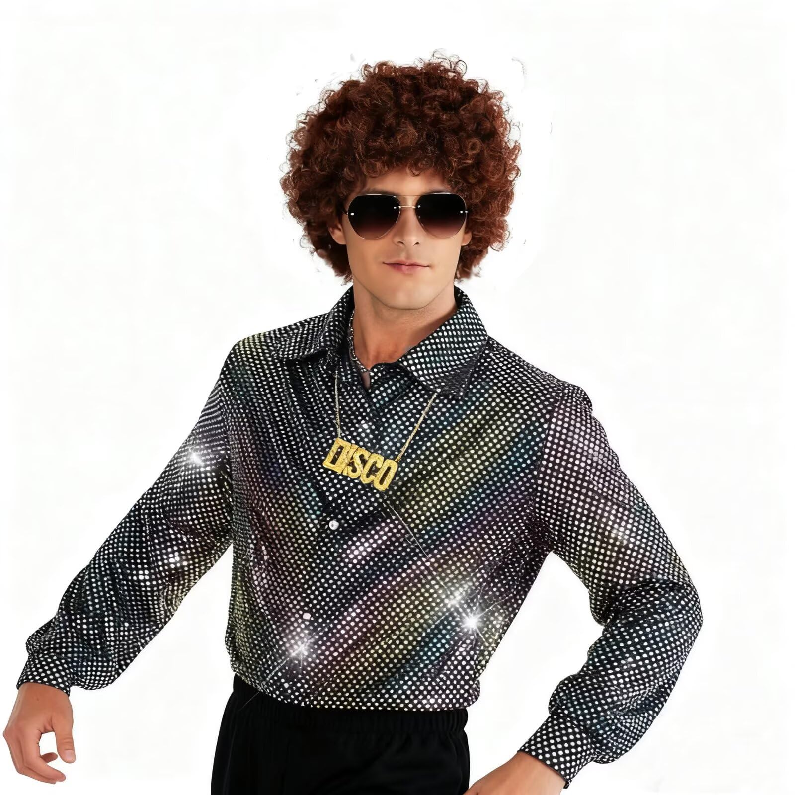 Shuanghao 1970s Disco Shiny Shirt Men Halloween Costumes Hippie Glitter Outfit Fancy Dress for Adult Party Gift Festival Wear Rockstar Carnival Costume UK Men
