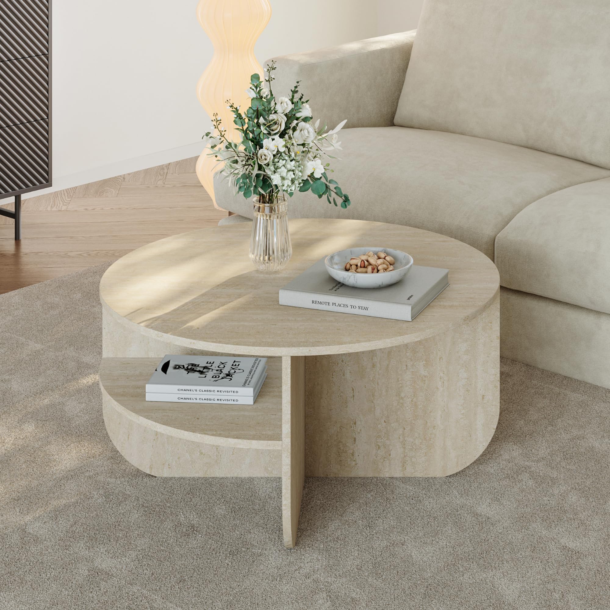 [en.casa] Tavolino Centrale da Salotto Tavolo Basso Rotondo con Ripiano Tavolino da caffè per Soggiorno Area Living Ø80 x 41 cm Color Avorio Travertin