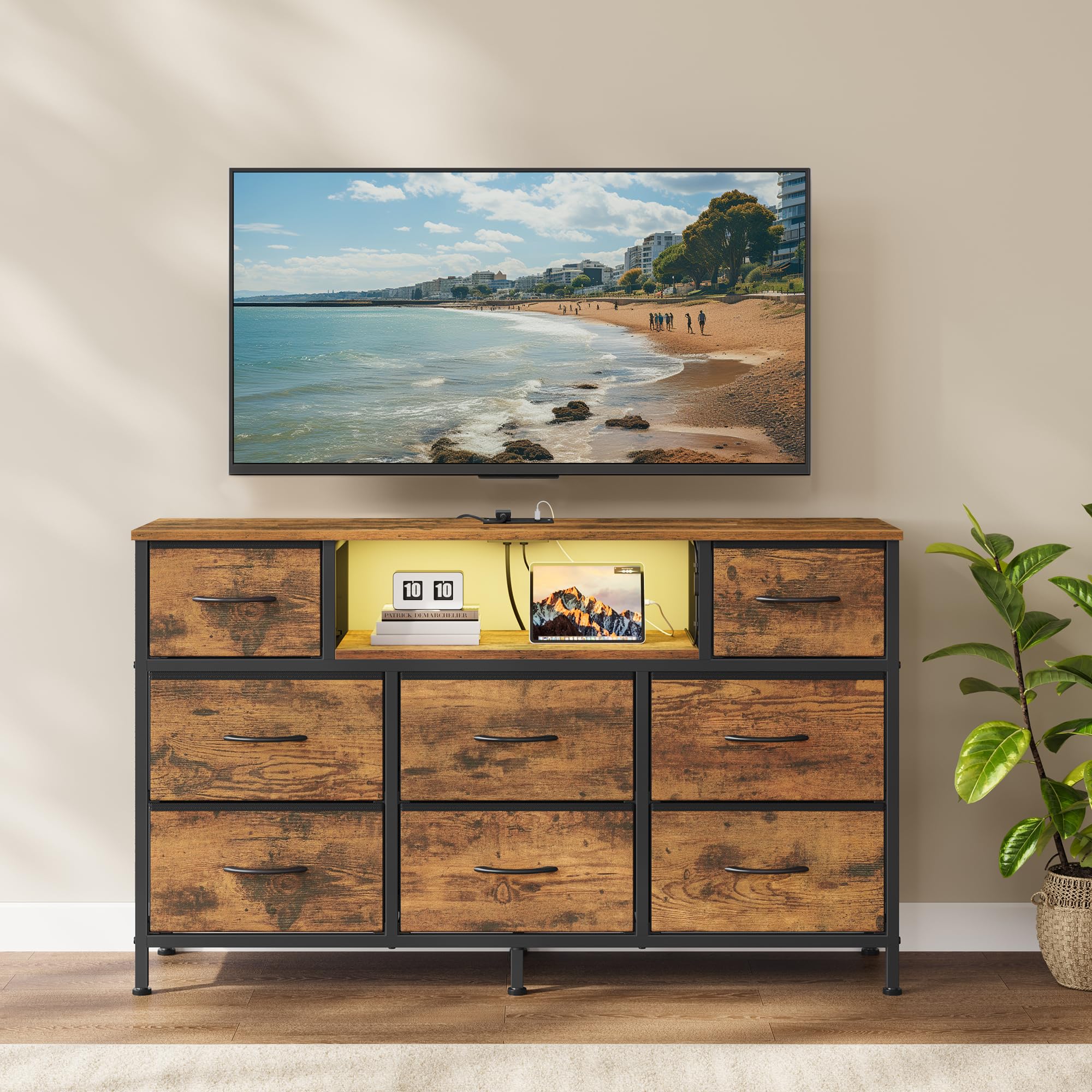 SONGMICS Chest of Drawers, Fabric Storage Cabinet with 8 Drawers, LED Lights and Charging Station, 113.8 x 30 x 68.1 cm, Rustic Brown, for Bedroom and Living Room, Bellah Collection LGS433KD03