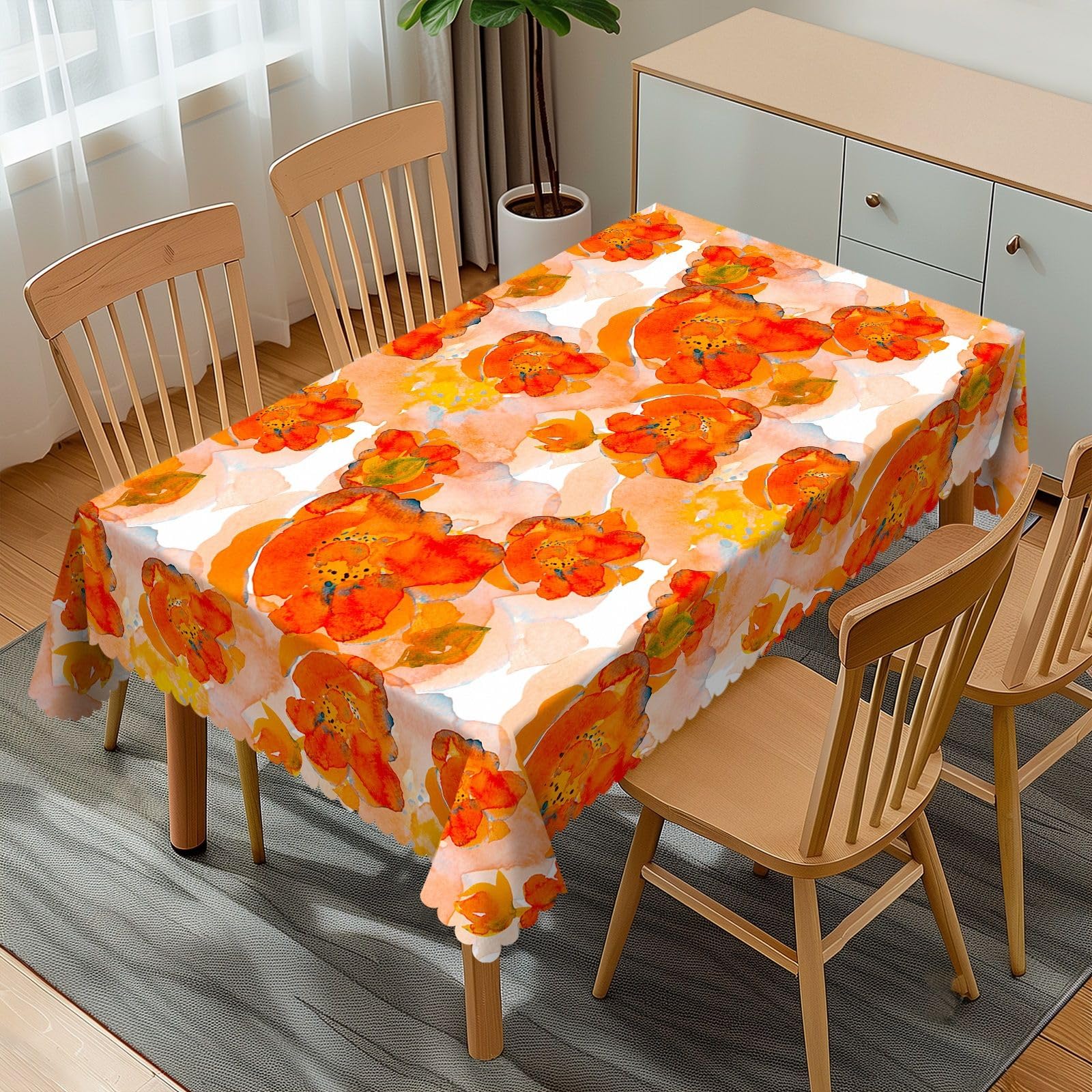 Nappe rectangulaire orange 137x183 cm aux motifs fleurs et feuilles