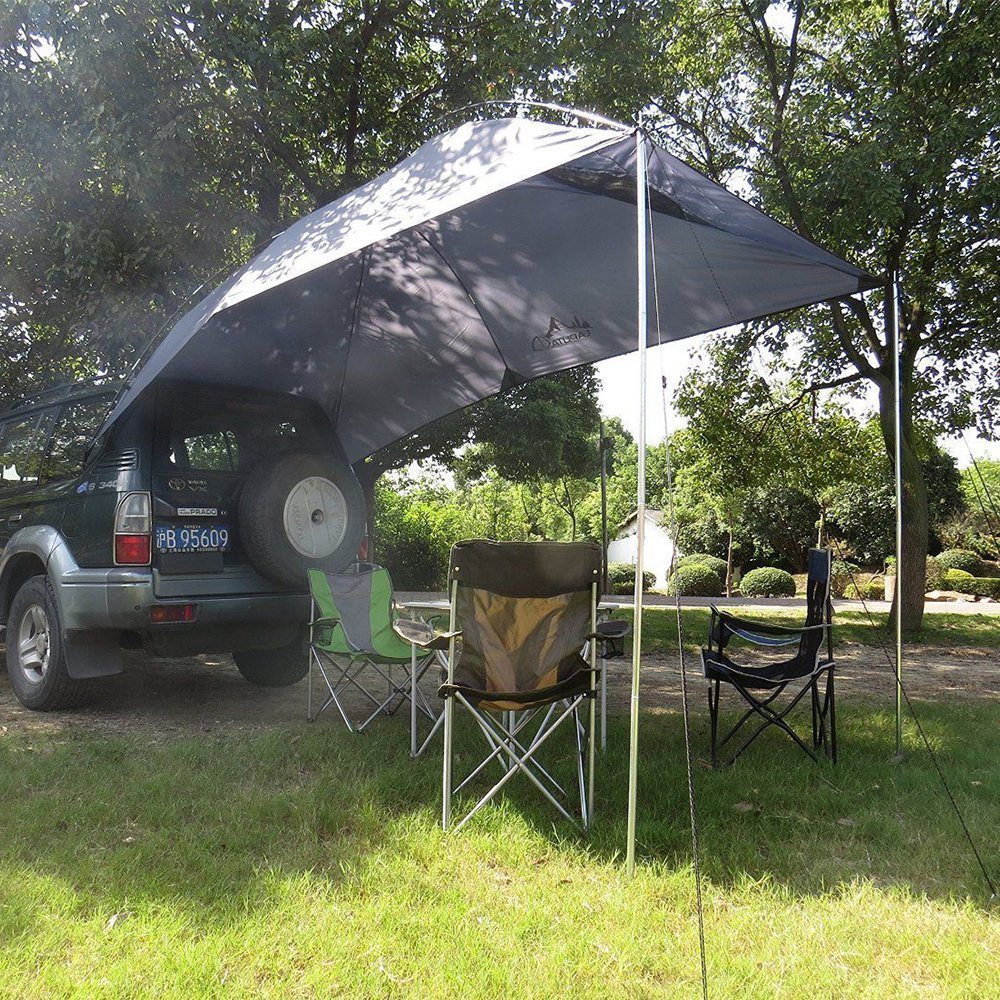 TentHome Auto Heckklappen Zelt Markise Sonnensegel für Wohnwagen Wohnmobil Zeltplanen Tragbare Sonenndach Leichte Camping Heckzelt Shelter mit 2 St. Sandsäcke, grau | Wohnmobil Zeltplanen Tragbare Sonenndach Leichte Camping Heckzelt Shelter mit 2 St. Sand