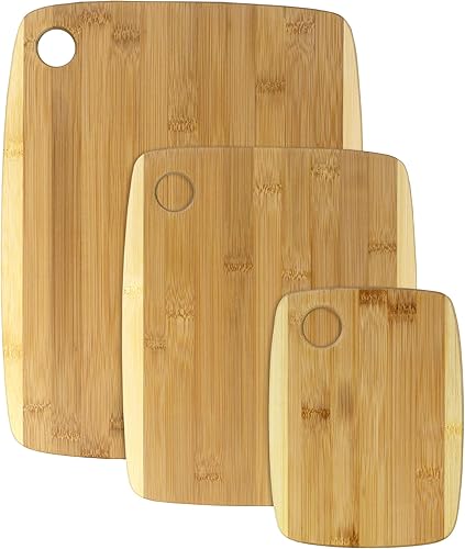 Totally Bamboo Juego de tablas de cortar de bambú de dos tonos de 3 piezas, tablas de cocina reversibles para cortar y servir queso, carne, verduras