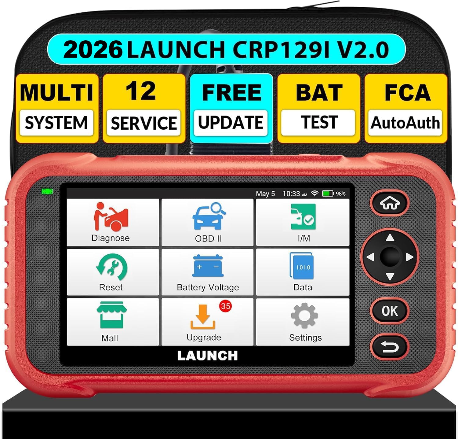 LAUNCH CRP129I V2.0 OBD2 Scanner, 2026 Lifetime Free Update Scan Tool with 12 Reset, ABS Bleeding/TPMS/Oil/EPB/SAS/BMS/Adblue/Headlamp/Throttle Reset, Injector Coding, Auto VIN, Battery Test