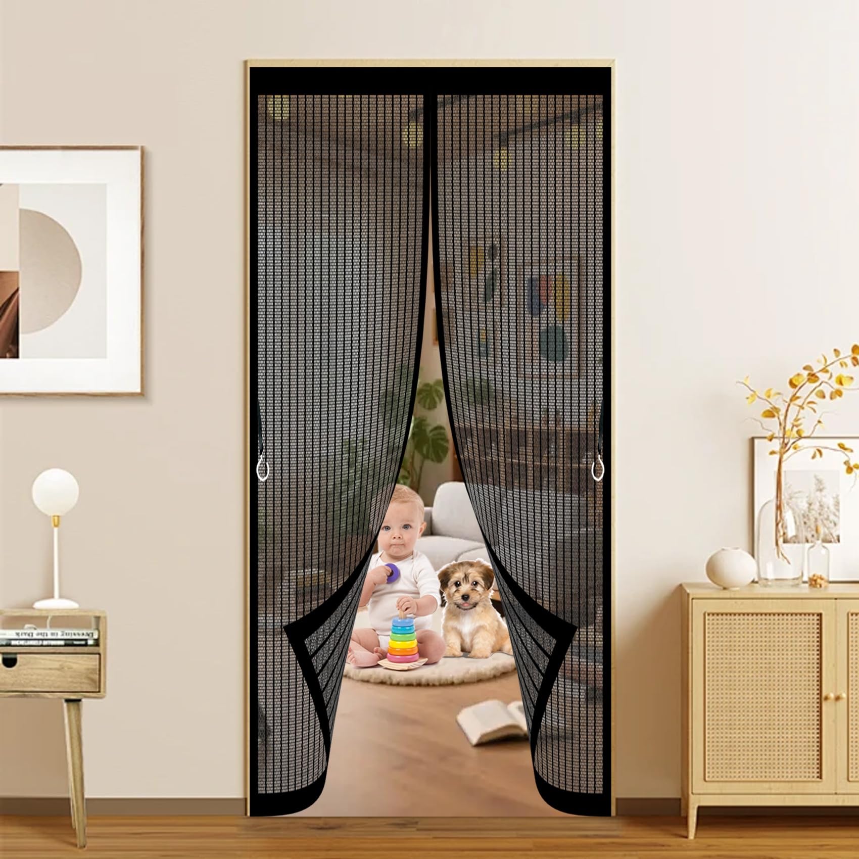 Door Fly Screen Curtain 126 x 145 cm Automatically Close, No Gap, Easy to Install Without Drilling, Keep Bugs Out Lets Fresh Air in Flyscreen French Doors for Patio Doors Bedroom, Black
