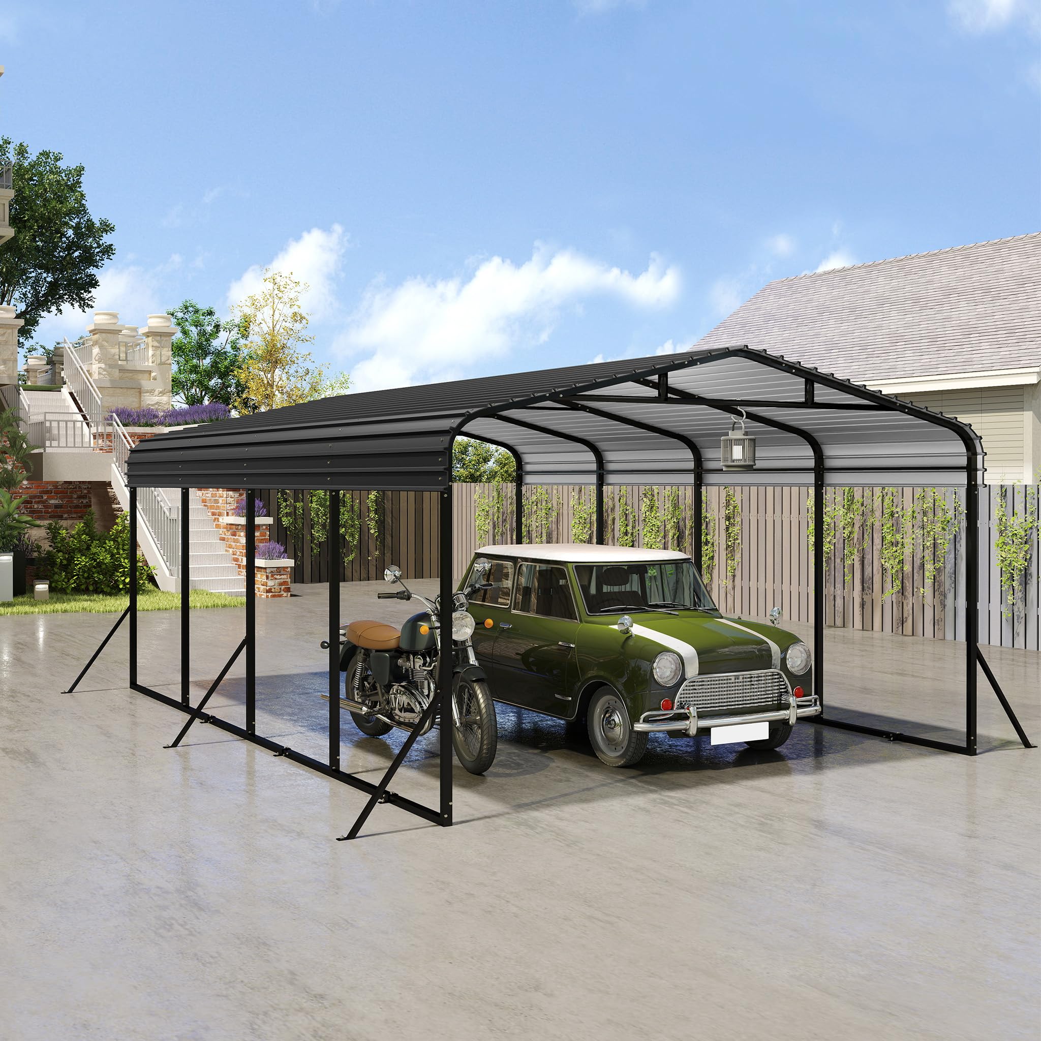 SUBTLETY Carport Aluminium 370x600 cm Fahrradgarage mit Farbige Stahlbleche Spitzdach Freistehender Shelter Winterfest UV-beständig Garagenzelt für PKW SUV Garten Outdoor
