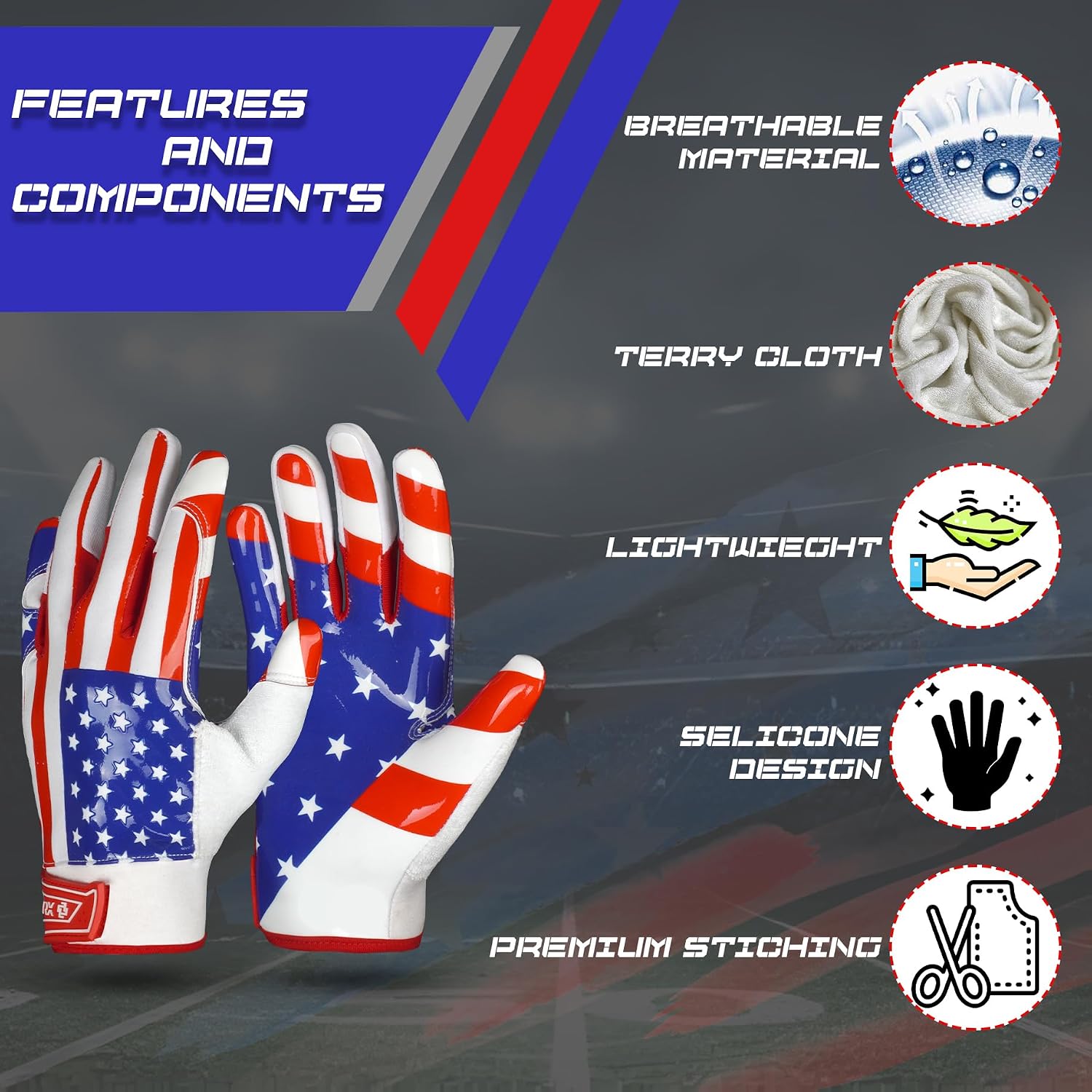 LYRX Professional Football Receiver Gloves with Optimal Silicone Palm Non-Slip Grip Control Ultra-Stick Sports Lightweight Glove and Precision Fit (Flag, Youth Medium)