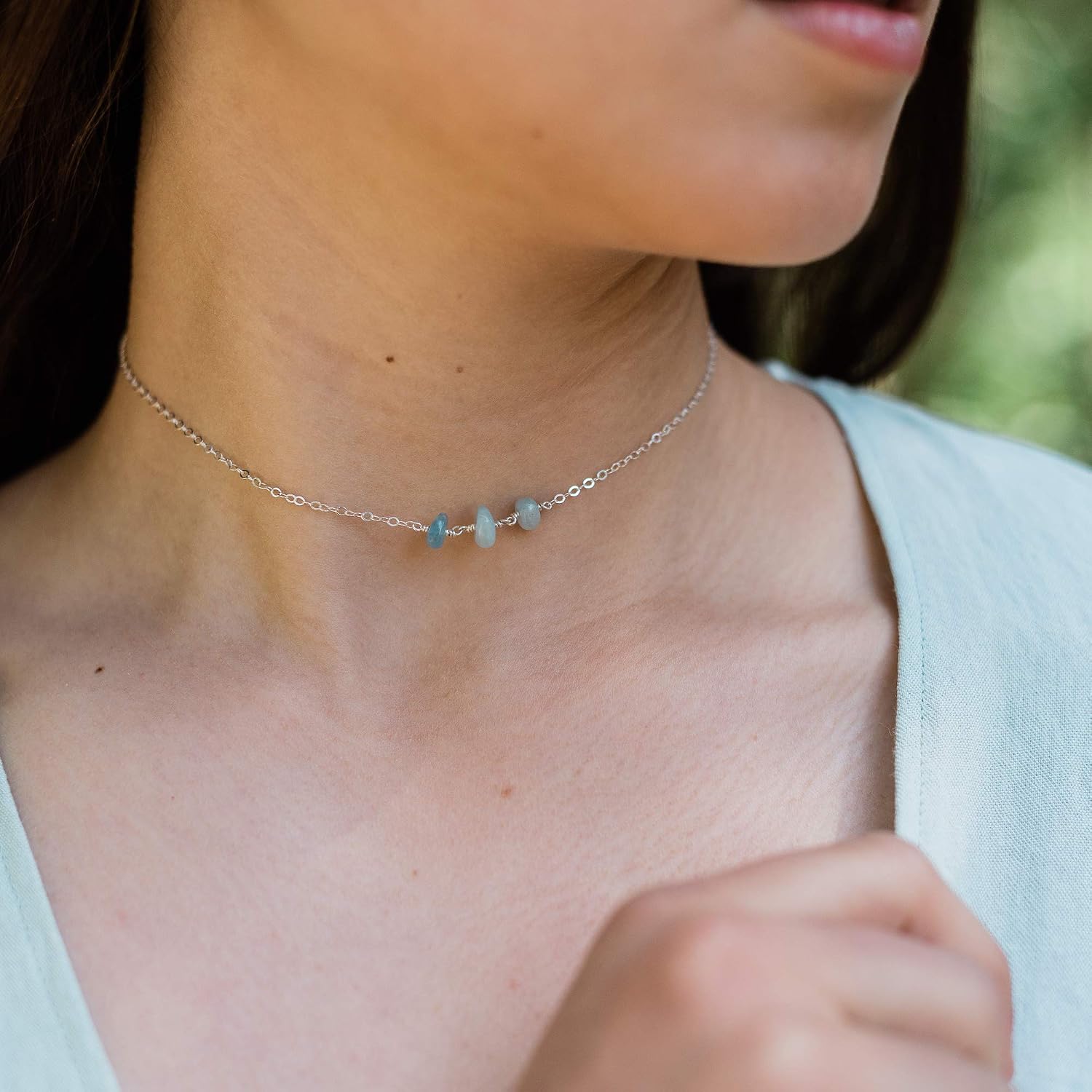 Aquamarine Beaded Chain Choker in Sterling Silver