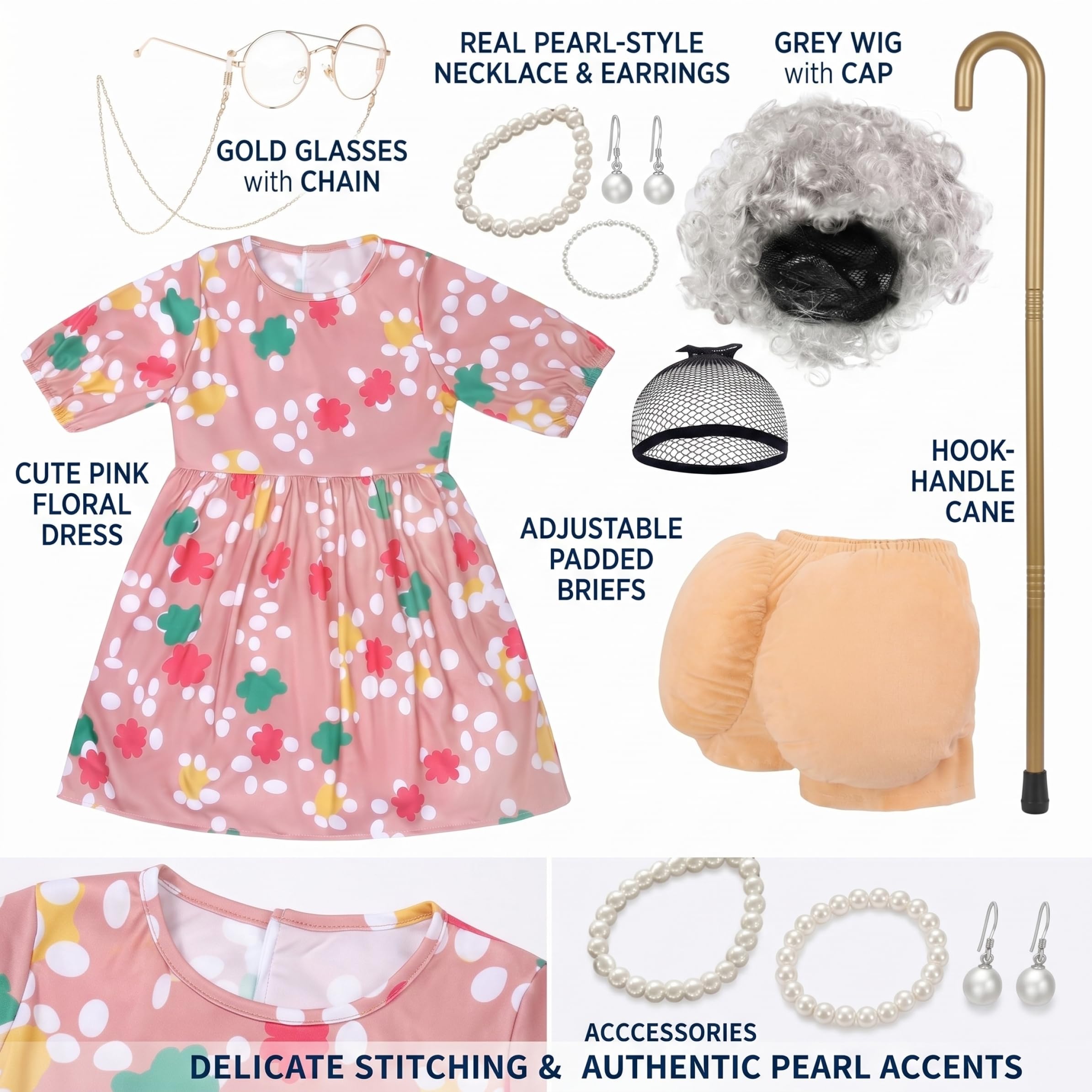 Disfraz de anciana para niños, Disfraz de Abuela, Conjunto Completo con Vestido y Accesorios para el día número 100 de Clases |.Talla L