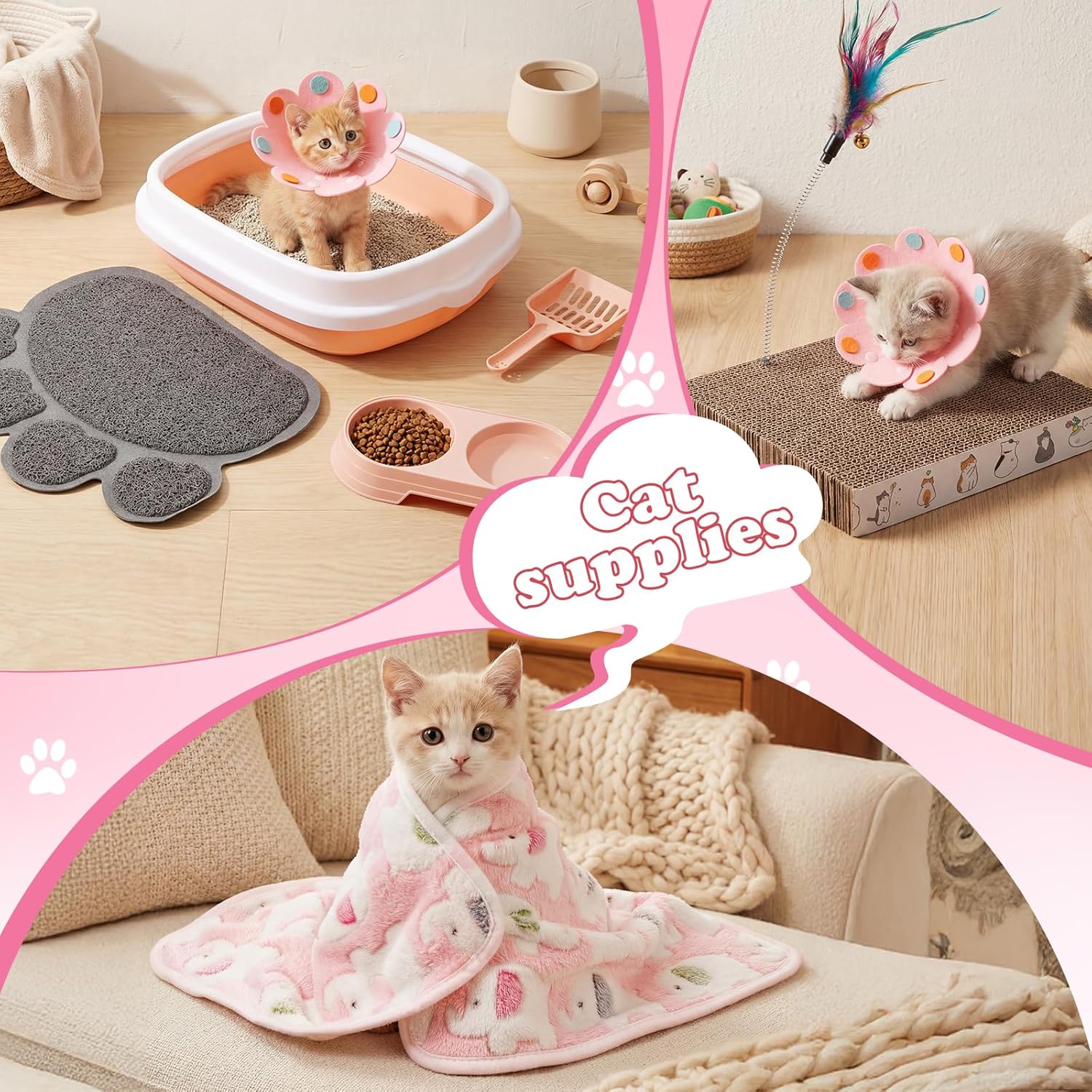 Leitee Kitten Starter Kit, 28 Pcs Cat Kitten Starter Kit Cats Essentials Set Includes Litter Box with Shovel, Toy, Paw Litter Mat, Collars, Nail File, Cat Bottle, Blanket for Kittens Supplies(Pink)