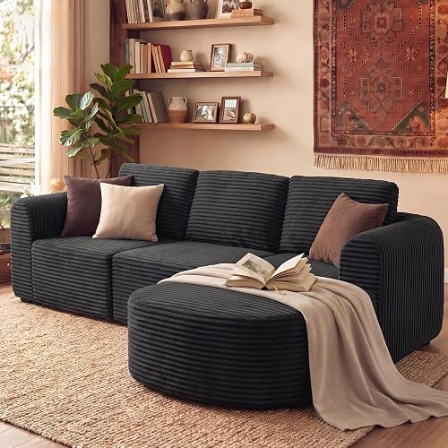 108" Boneless Couch with L-Shape Chaise, Boneless Sectional Couch for Living Room, Deep Seat Cloud Modular Sectional Sofa, Comfy Memory Foam Couch No Assembly Needed, Soft Plush Corduroy Fabric, Black