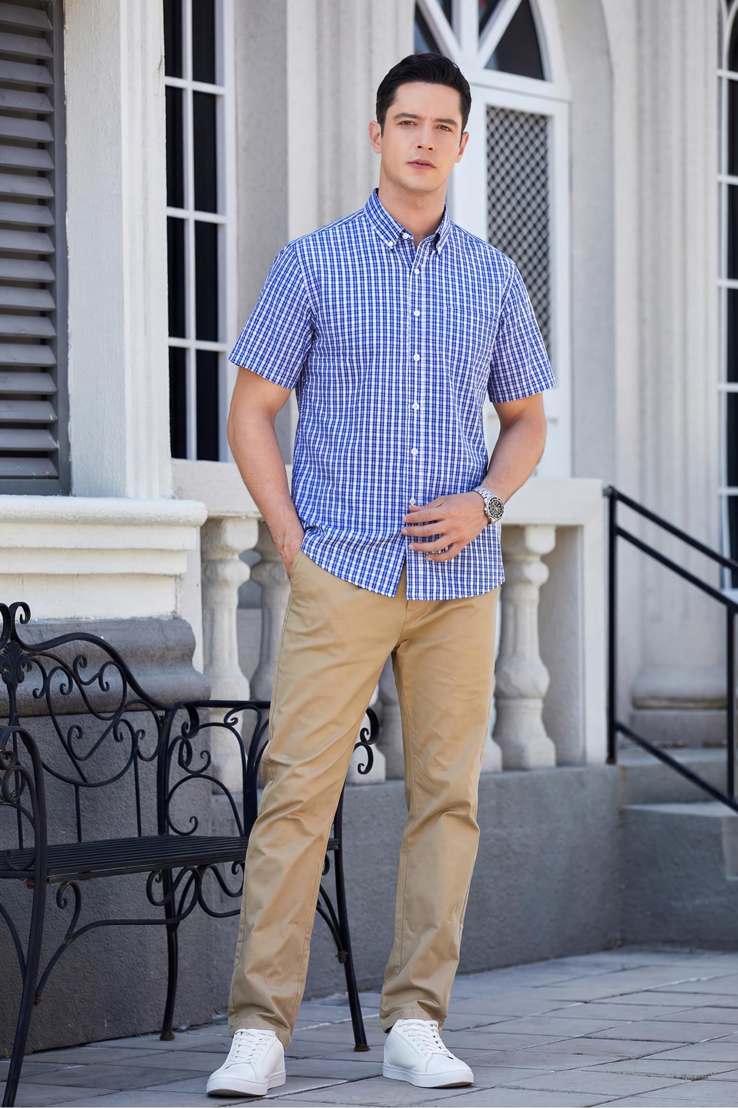 HISDERN Camisa Cuadros Hombre Manga Corta Camisas Verano Hombre Casual Clásica Botones Algodón con Bolsillo Regular Fit
