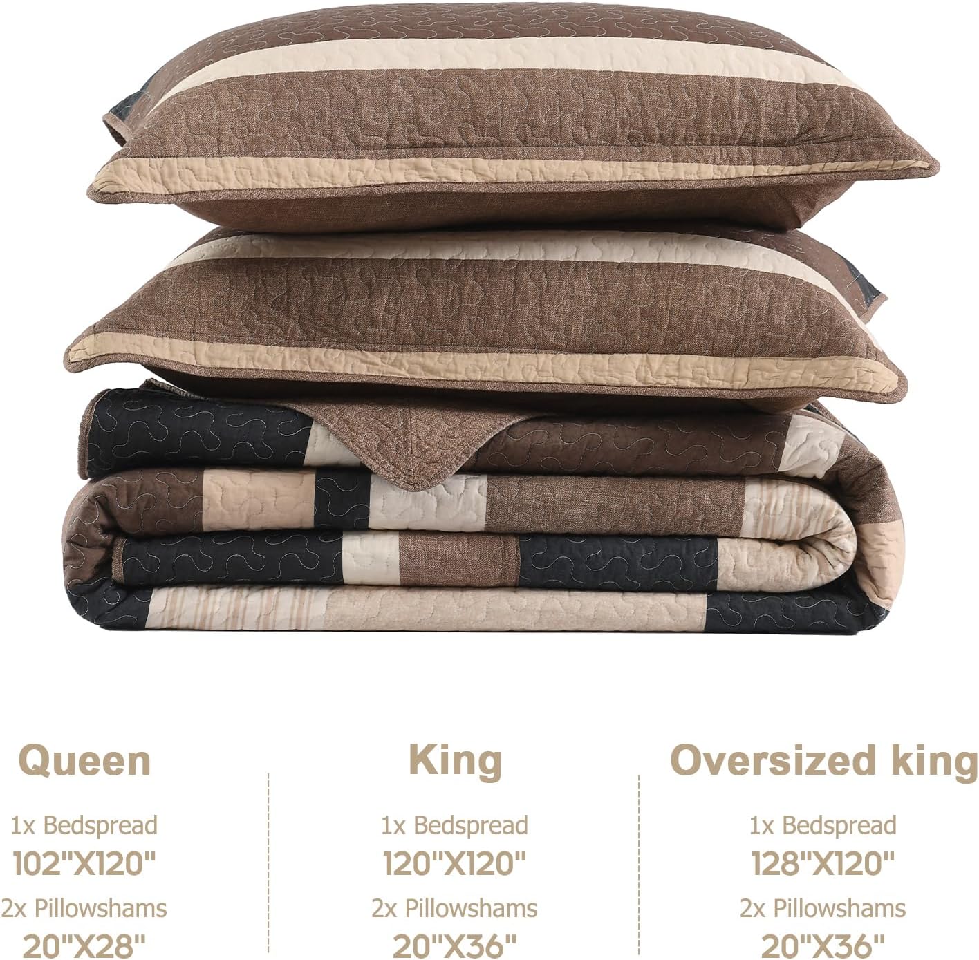 Finlonte Bedspread Queen Size 100% Cotton Oversized Queen Size Bedspreads Charcoal Brown Beige Quilted Bed Spread Striped Farmhouse Lightweight Soft Bedding Sets for All Season, 3 Piece