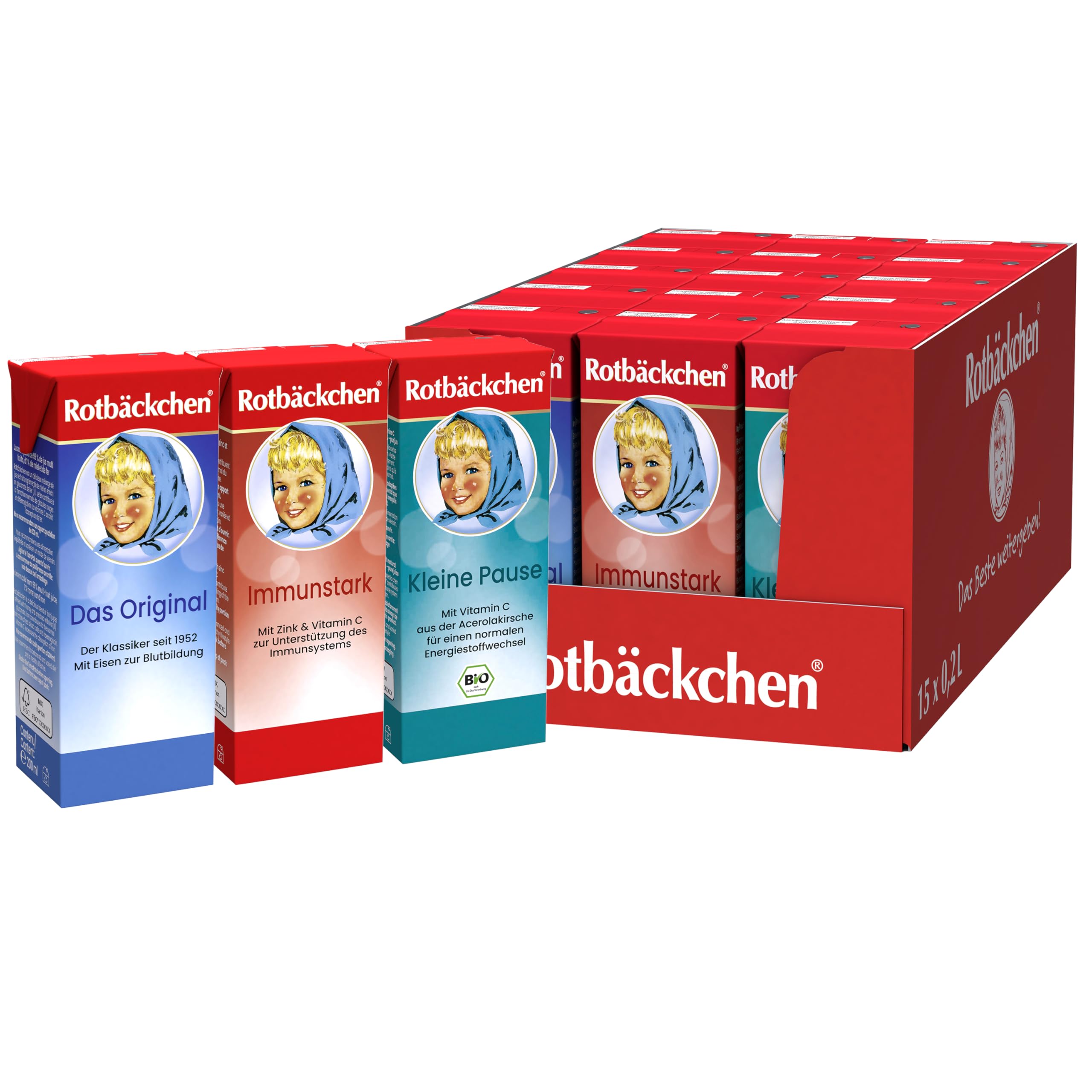ROTBÄCKCHEN Probierpaket - 3 verschiedene Sorten im 15er Pack (15 x 200 ml) - Leckere Säfte im Trinkpäckchen für Kinder, ideal für Schule, Sport & unterwegs