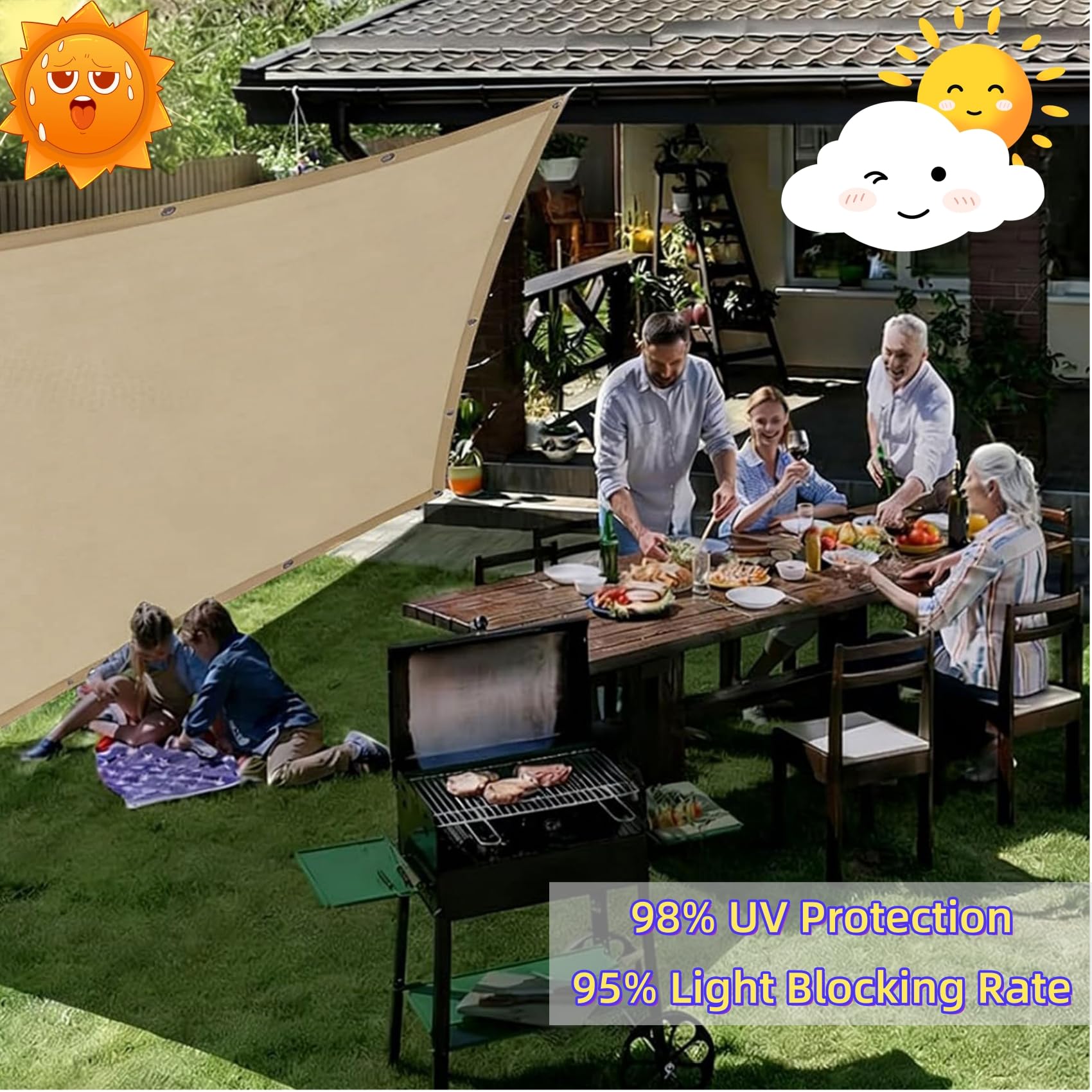 Voile d'ombrage 240 x 240 cm Imperméable Protection UV 98% Rectangulaire Toile Ombrage Exterieur avec Œillets et Corde, sans Perçage pour Serre, Patio, Pergola, Jardin, Taupe