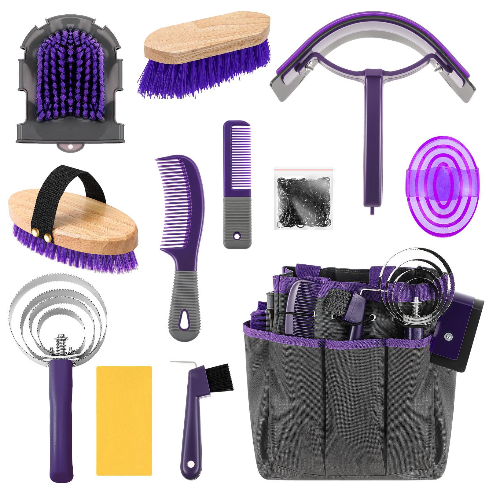 Abbylike 12 Pieces Horse Grooming Kit with Organizer Tote Bag Tack Room Supplies Horse Brush Sets Equine Care Cleaning Kit Shedding Grooming Massaging Tools(Grey and Purple)