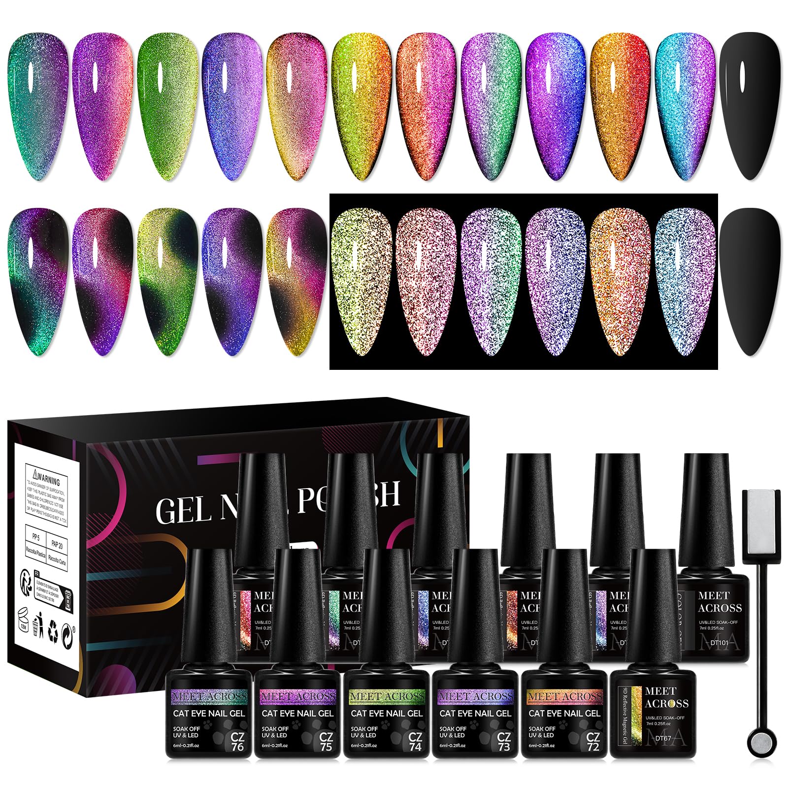 Magnetic Cat Eye Gel Nail Polish Set, 11 Colors Magnetic Chameleon Gel Polish Black Color Nail Polish With Magnet Stick, Long-Wearing Cateye With