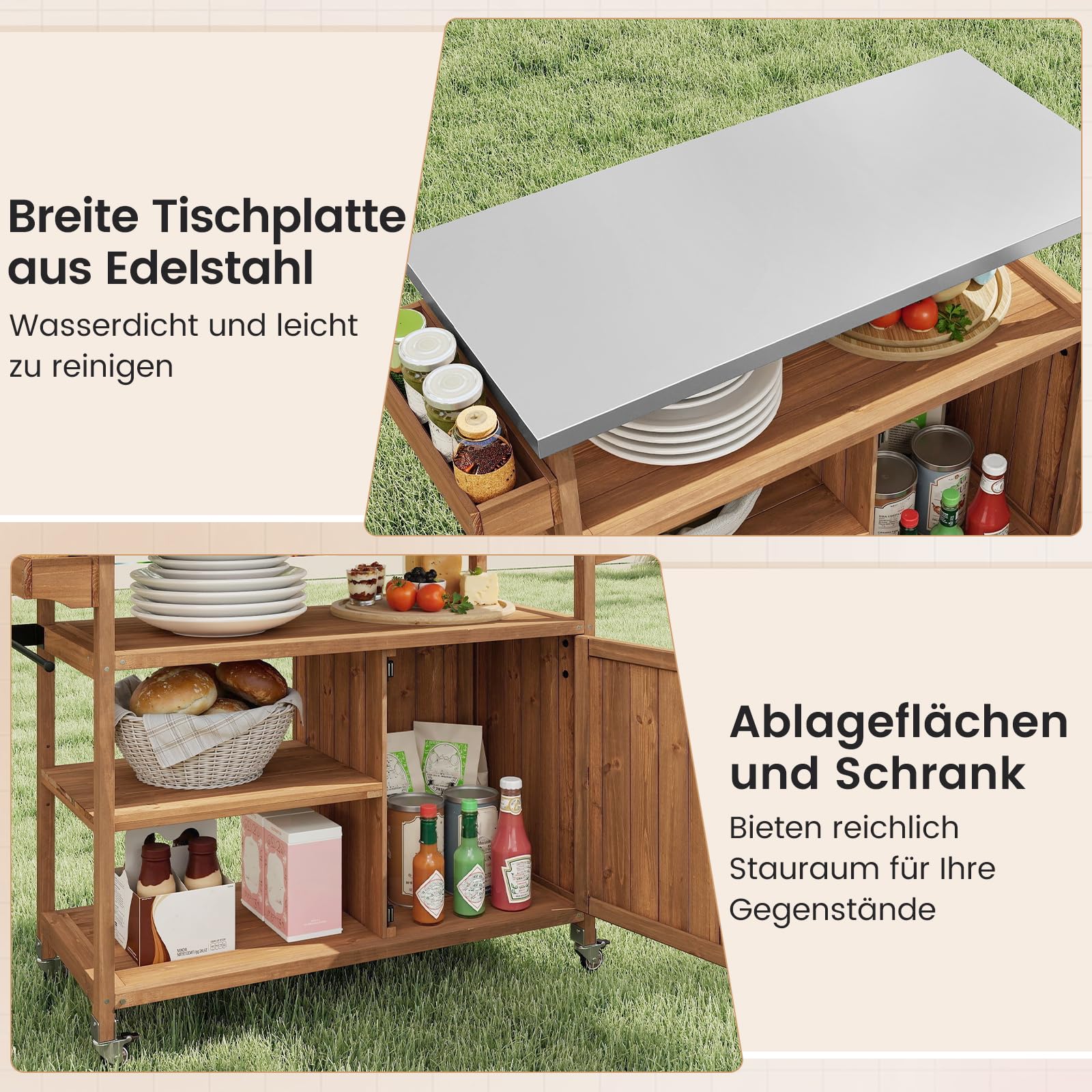 COSTWAY Grillwagen Outdoor, Servierwagen auf Rollen, Kücheninsel mit Edelstahl-Arbeitsplatte, Ablagen, Gewürzregal, Schrank & Handtuchhalter, Grill Trolley BBQ Grilltisch (1 Tür-118 x 47 x 92 cm)