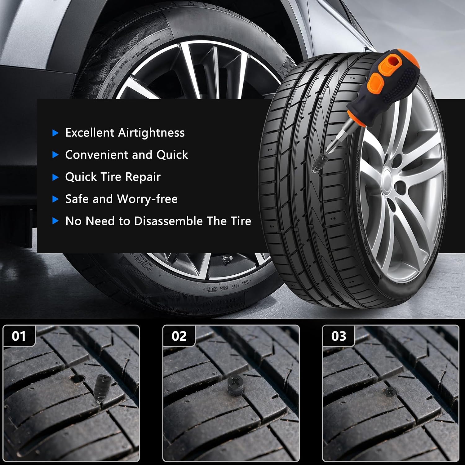 70pcs Tire Repair Rubber Nail Kit Vacuum Tire Screw Plugs Emergency Quick Tool Screw in Tire Plugs Self-Service Tire Plugs Screw Type for Car, Motorcycle, Truck, Tractor Tire Puncture Repair