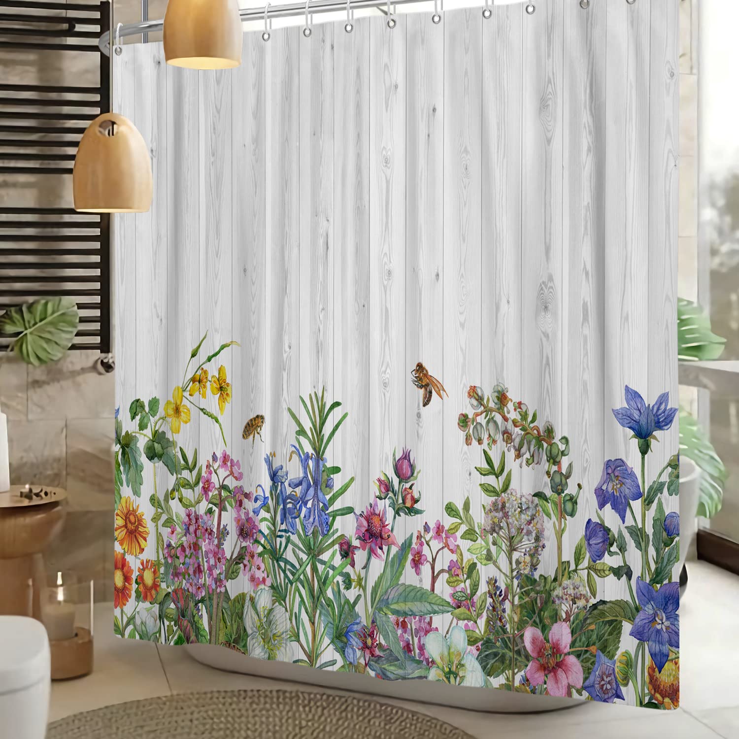 Tenda Da Doccia 180x180 Cm Con Stampa Fiori Primavera – Gerbera Gialla, Poliestere Impermeabile, Con 12 Ganci