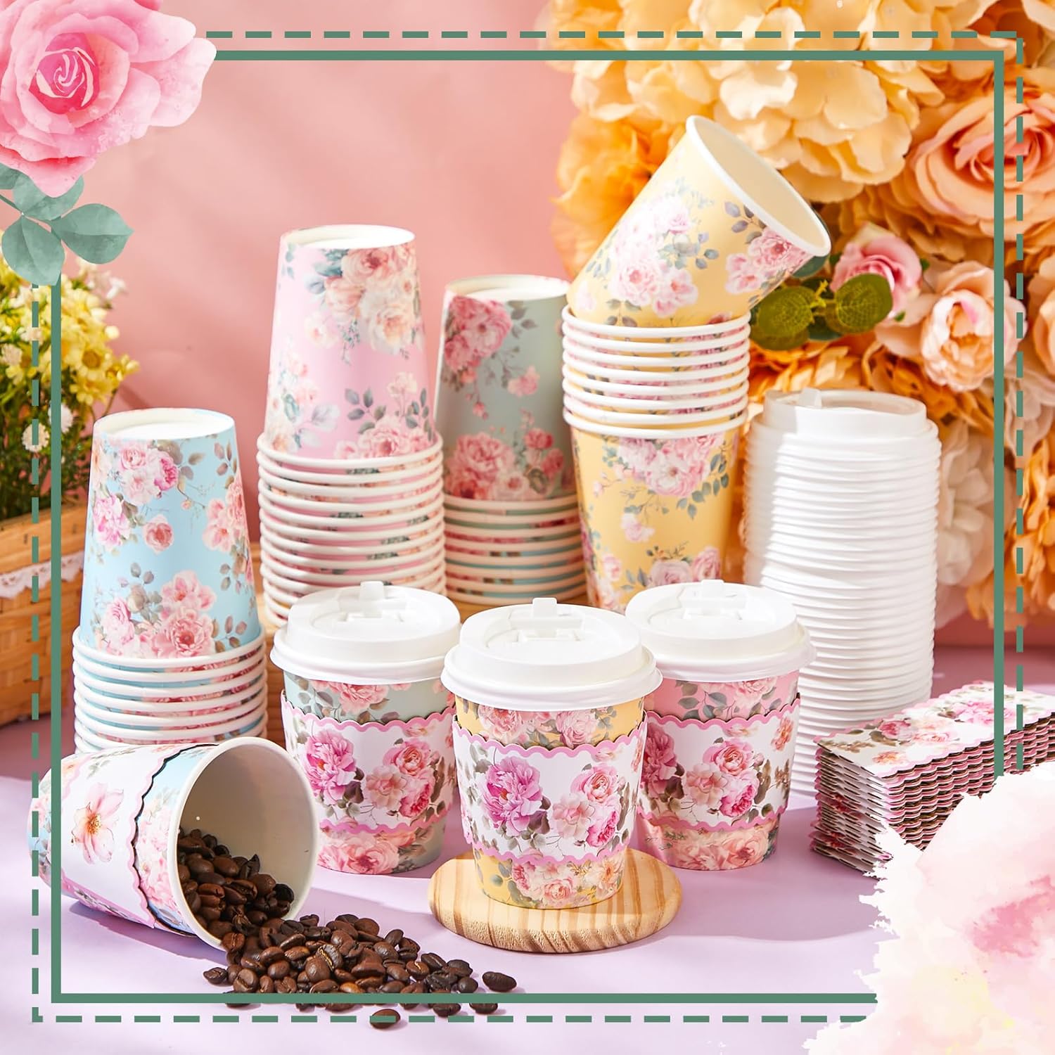 48 Pcs Floral Paper Coffee Cups with Lids and Sleeves Colorful Flower Design Disposable Coffee Cups for Tea Party Wedding Reception Baby Shower Supplies (8 oz) - Image 5