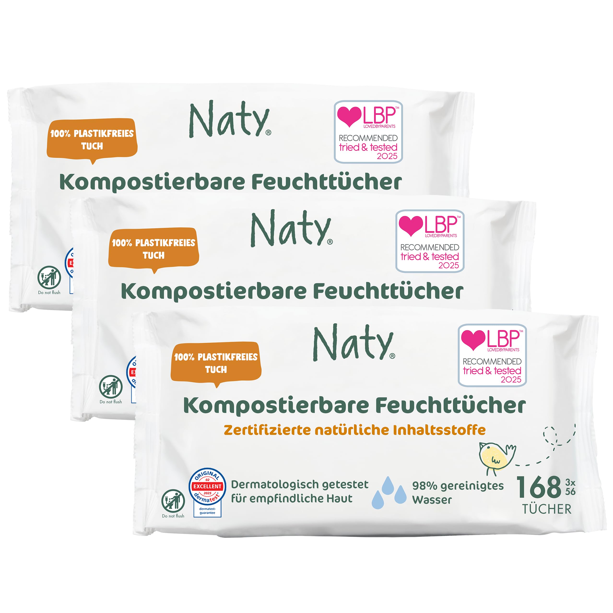 Naty Baby Feuchttücher | 100% pflanzenbasiert & unparfümiert für empfindliche Haut | Plastikfreie & zertifiziert kompostierbare Tücher mit 98% gereinigtem Wasser | 168 Tücher (3 Packungen)