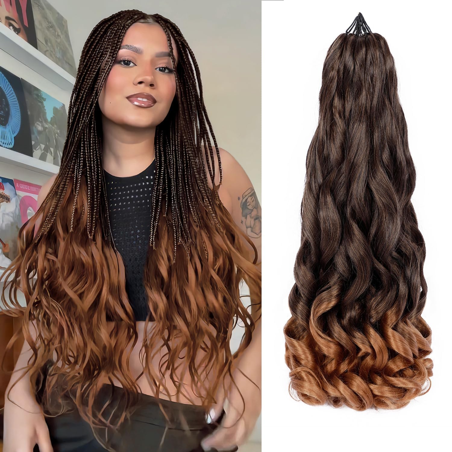 Ombre Brown French Curly Braiding Hair 7 Packs 22 Inch Pre Stretched Braiding Hair Bouncy Loose Wave Crochet Hair for Women T30