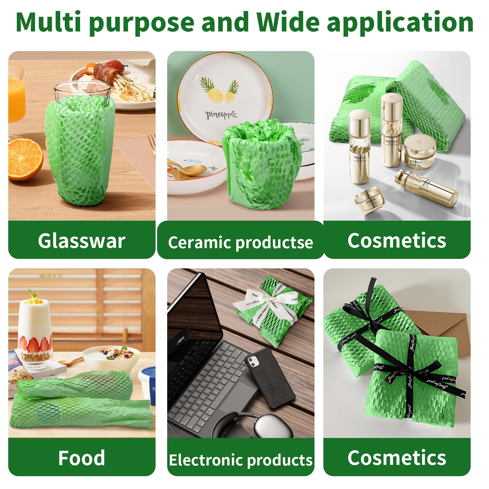 onesimcr Rouleau de papier cadeau en nid d'abeille vert 38,1 x 330,5 m, alternative durable au papier bulle pour déménagement/transport/emballage avec 20 autocollants fragiles, biodégradable et