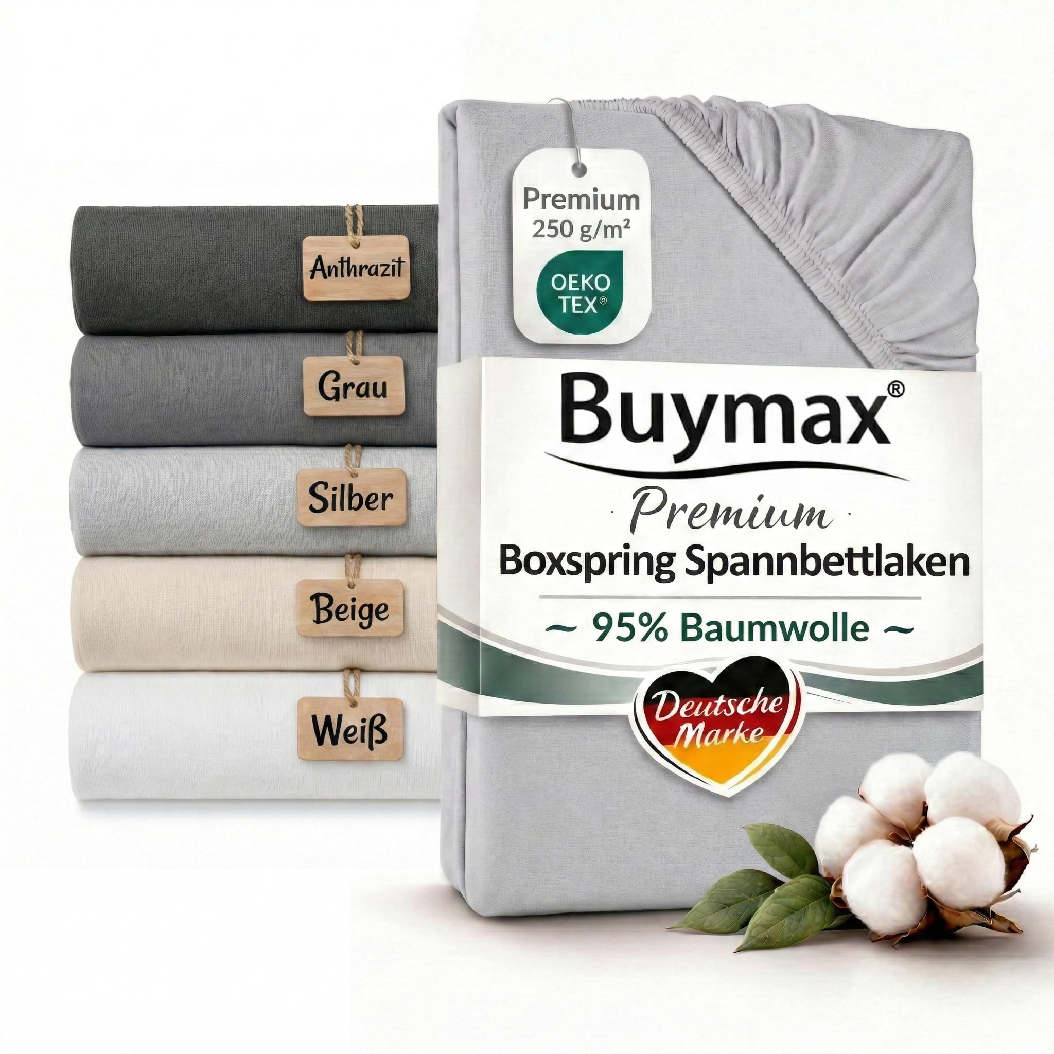 Buymax Boxspringbett Spannbettlaken 180x200 bis 200x220 cm Silber – Premium Jersey 250 g/m² – 95% Baumwolle 5% Elastan – bis 35 cm Matratzenhöhe