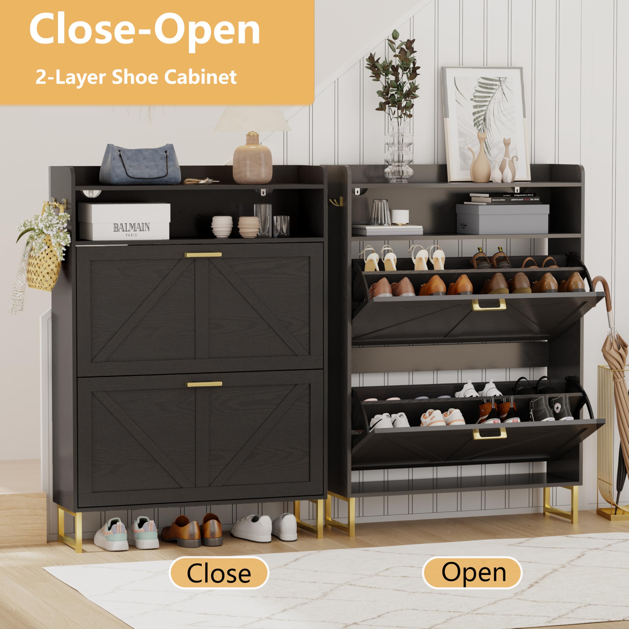 Shoe Cabinet with 2 Flip Drawers, Freestanding Hidden Shoe Storage Organizer for Entryway, Narrow Slim Shoe Rack Cabinet with Open Storage & Hooks for Front Door Entrance, Living Room, Hallway, Black