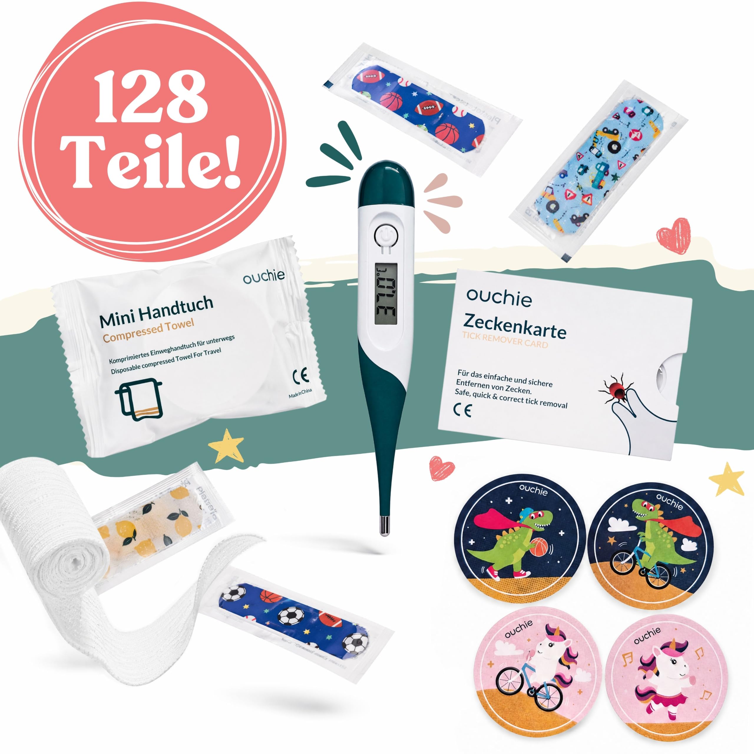 Erste Hilfe Set Kinder & Baby – Ouchie Maxi Reiseapotheke - 128 Teile | Erste Hilfe Tasche für Baby, Kleinkind & Kinder – ideal für unterwegs, Reise & Kindergarten | kompaktes Kinder-Notfallset