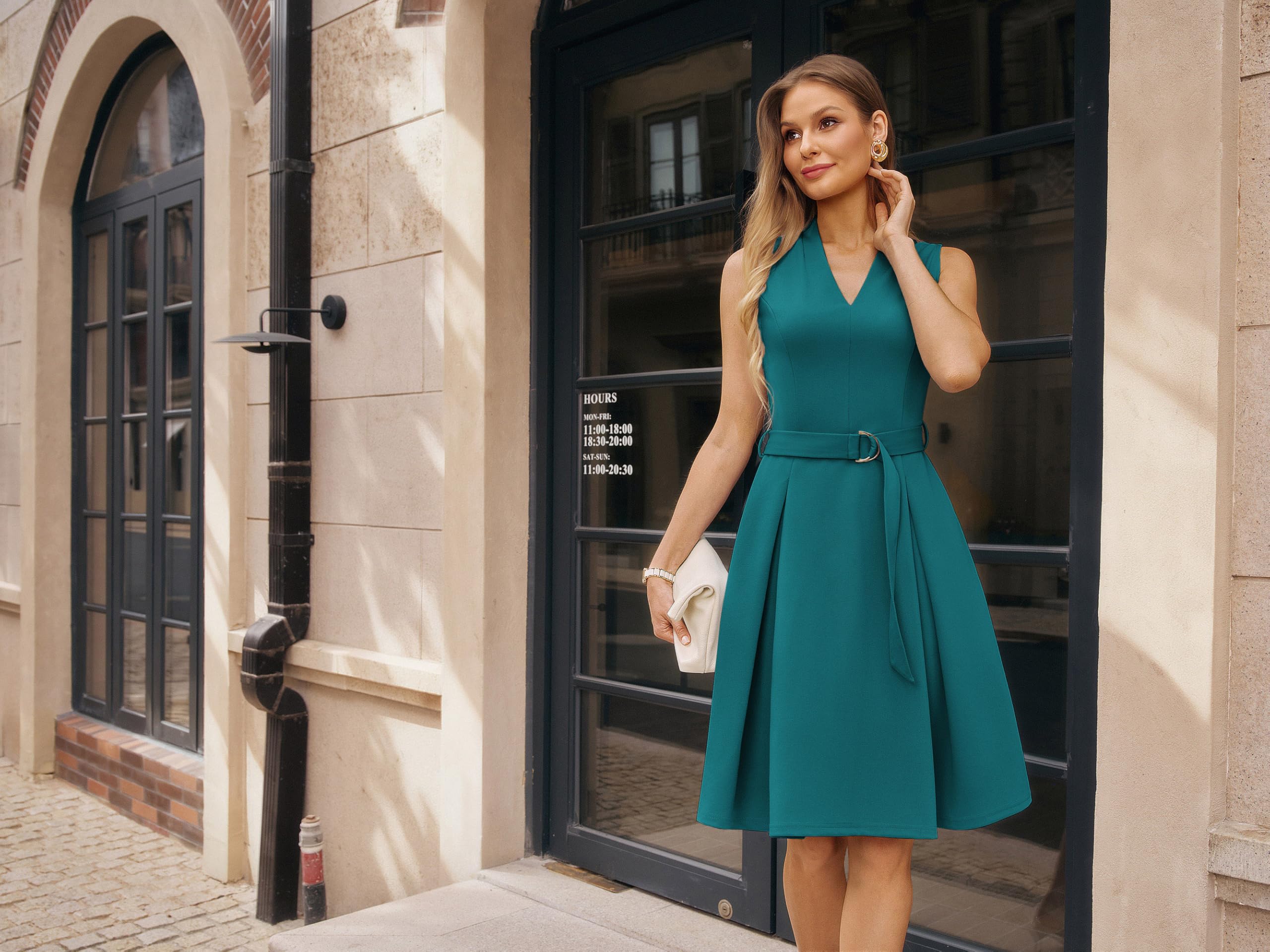 GRACE KARIN Vestido elegante sin mangas para mujer, cuello en V, con cinturón, largo hasta la rodilla