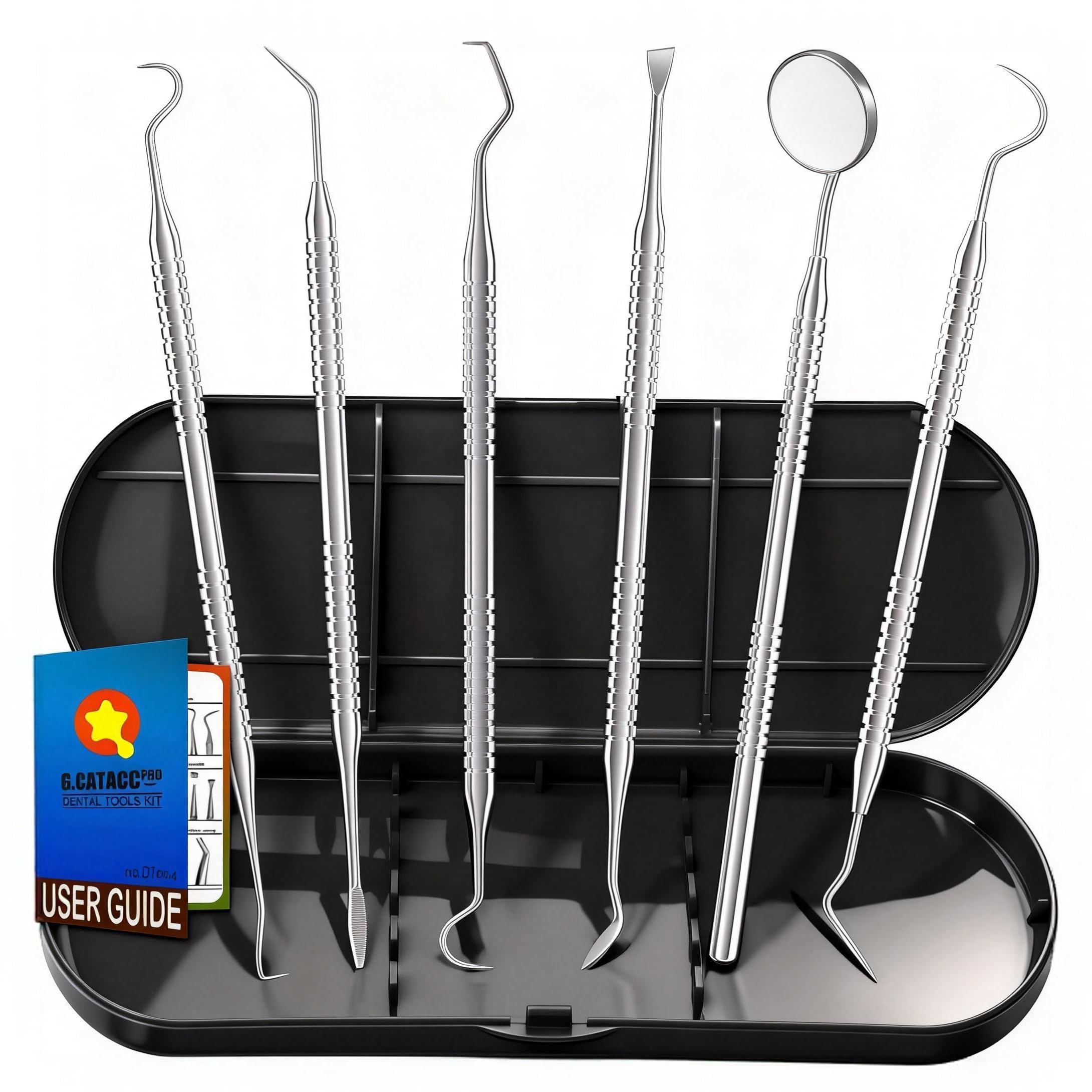 G.CATACC Dental Tools, Metal Dental Pick Teeth Cleaning Tools for Home Use, Stainless Steel Oral Care Hygiene Kit with Tooth Scraper Plaque Tartar Remover - with Case