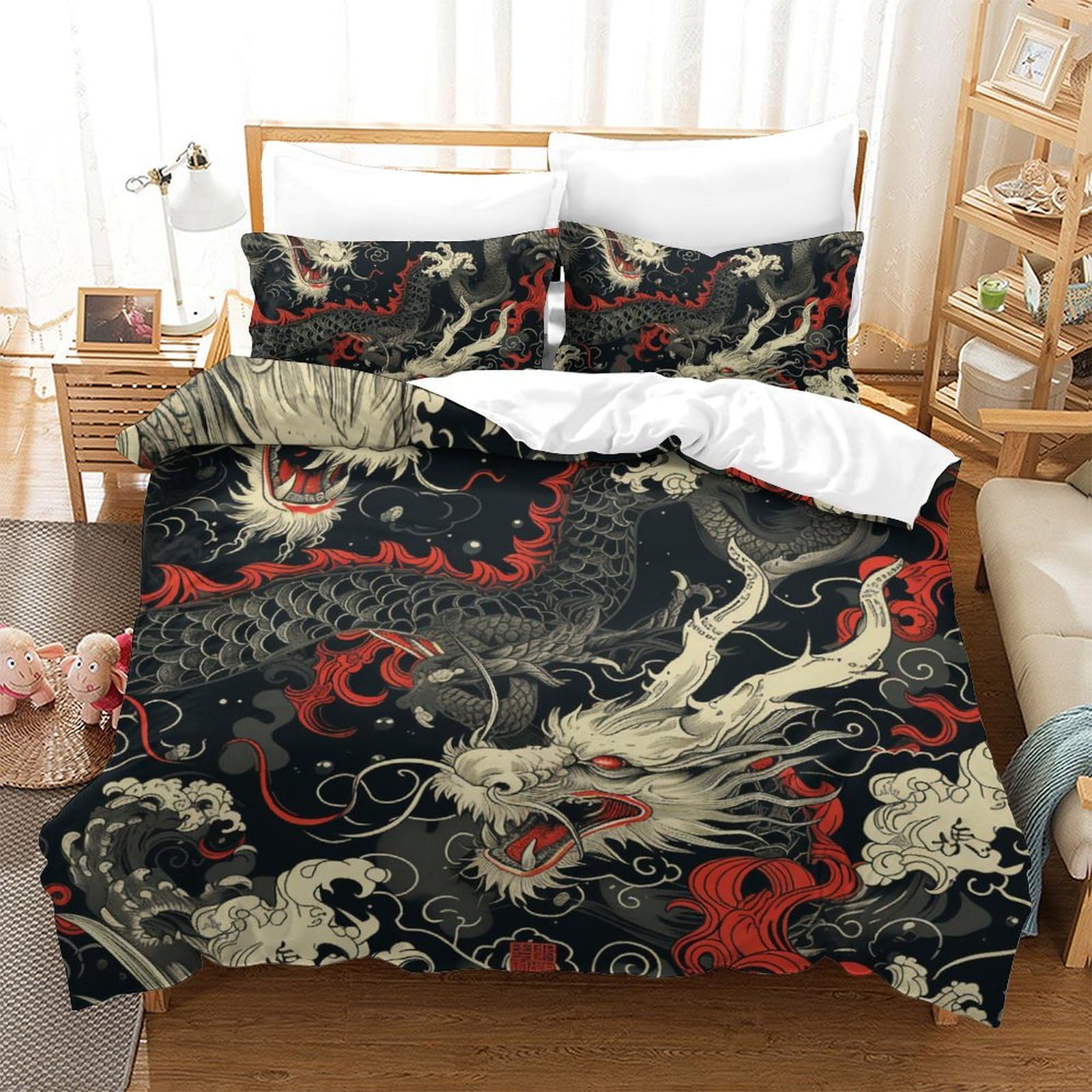 Housse de couette dragon 3D 200x200 microfibre avec 2 taies d'oreiller